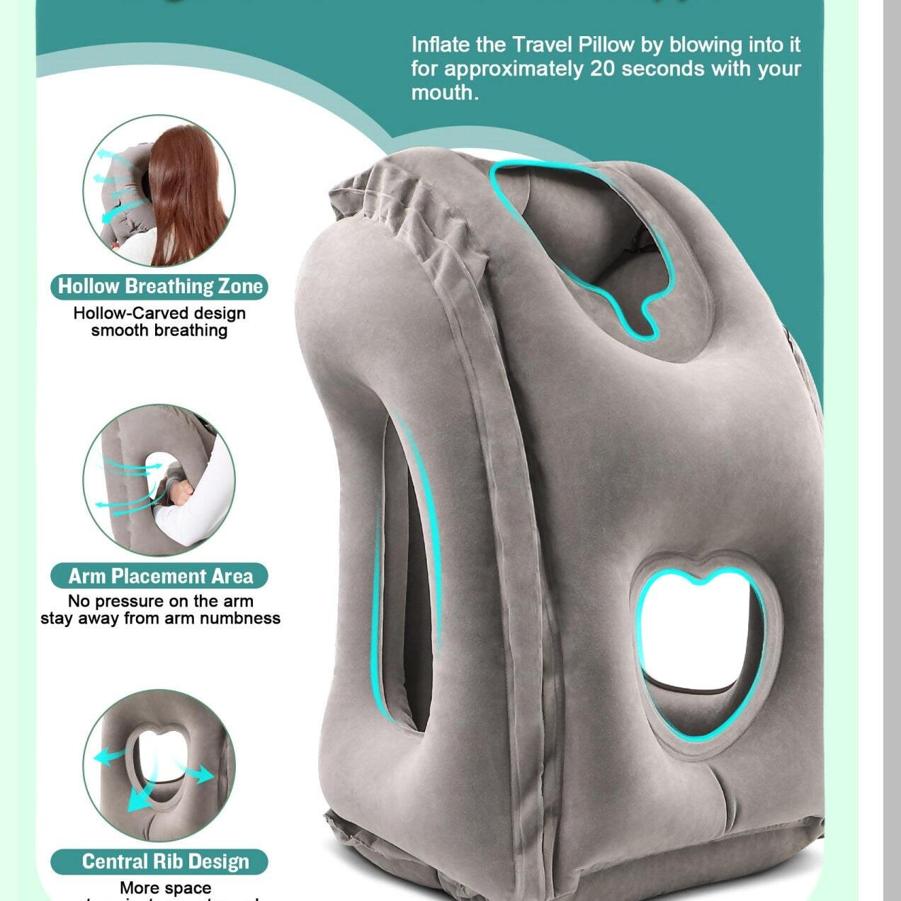 TravelEase Inflatable Neck Pillow - Ultimate Comfort for Airplane, Train, Car, Office Napping - Head and Chin Support - Grey - Portable and Lightweight - Adjustable and Easy to Inflate