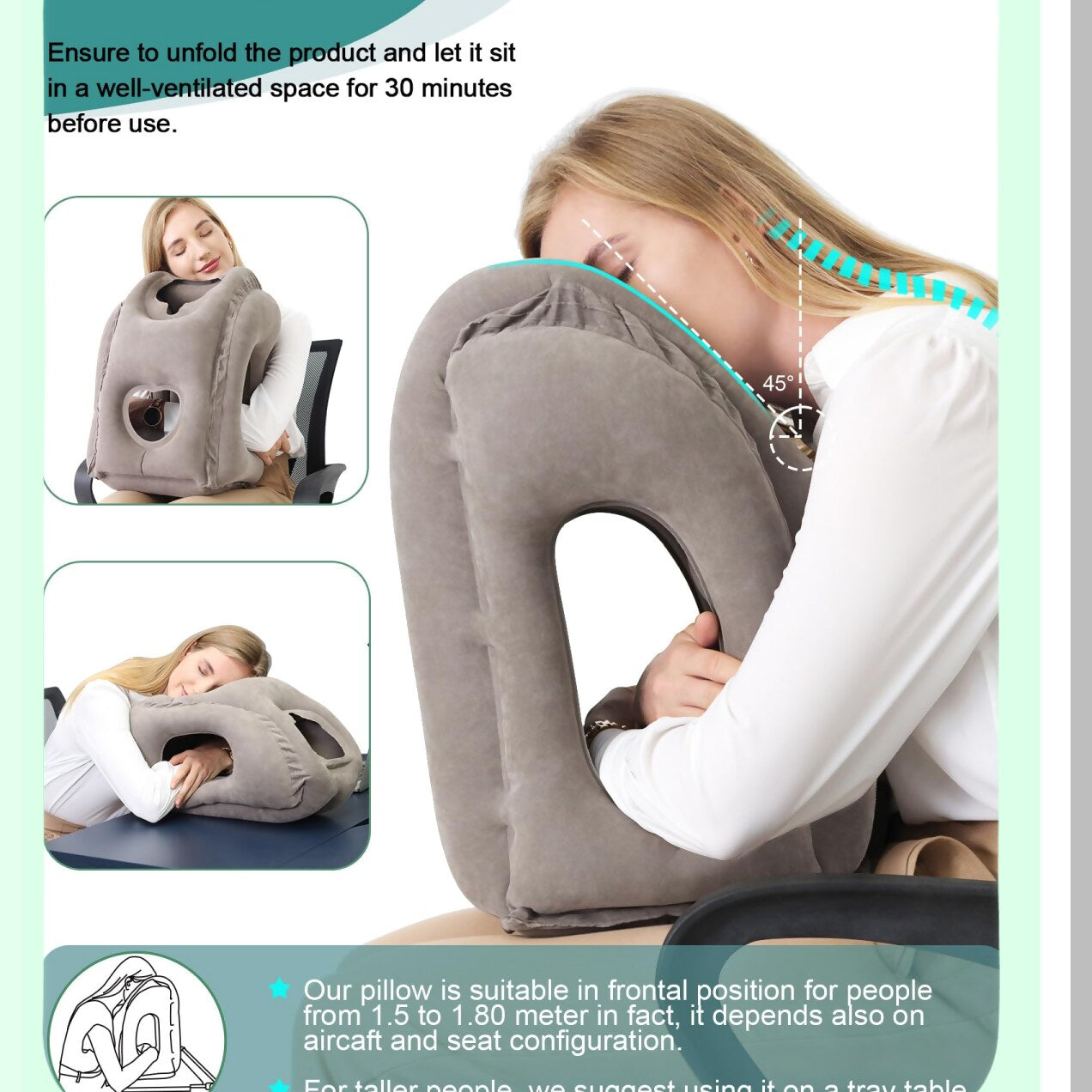 TravelEase Inflatable Neck Pillow - Ultimate Comfort for Airplane, Train, Car, Office Napping - Head and Chin Support - Grey - Portable and Lightweight - Adjustable and Easy to Inflate