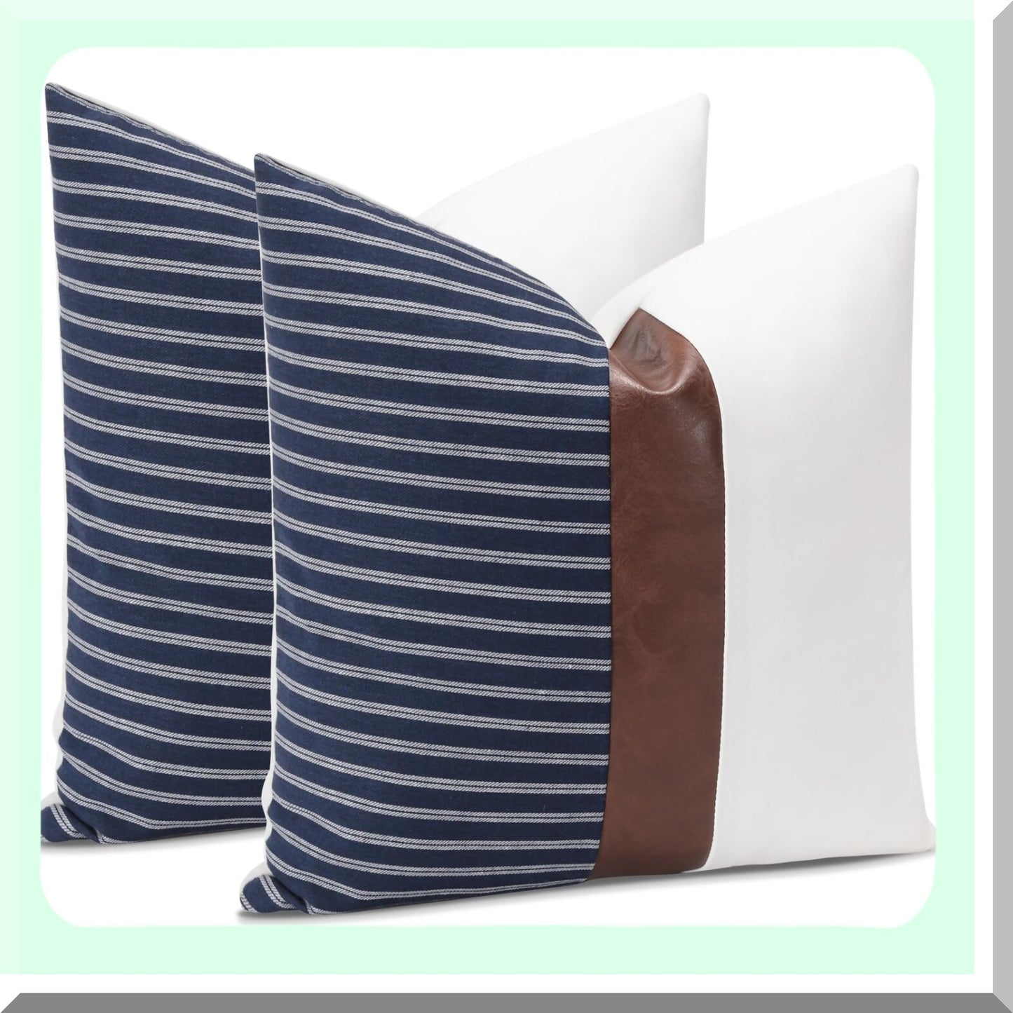Striped Leather Patchwork Pillow Covers - Set of 2 Farmhouse Decorative Throw Pillow Cases for Couch, Bedroom, Home, Sofa, Car - 16 x 16 Inch White Navy Square Cushion Covers