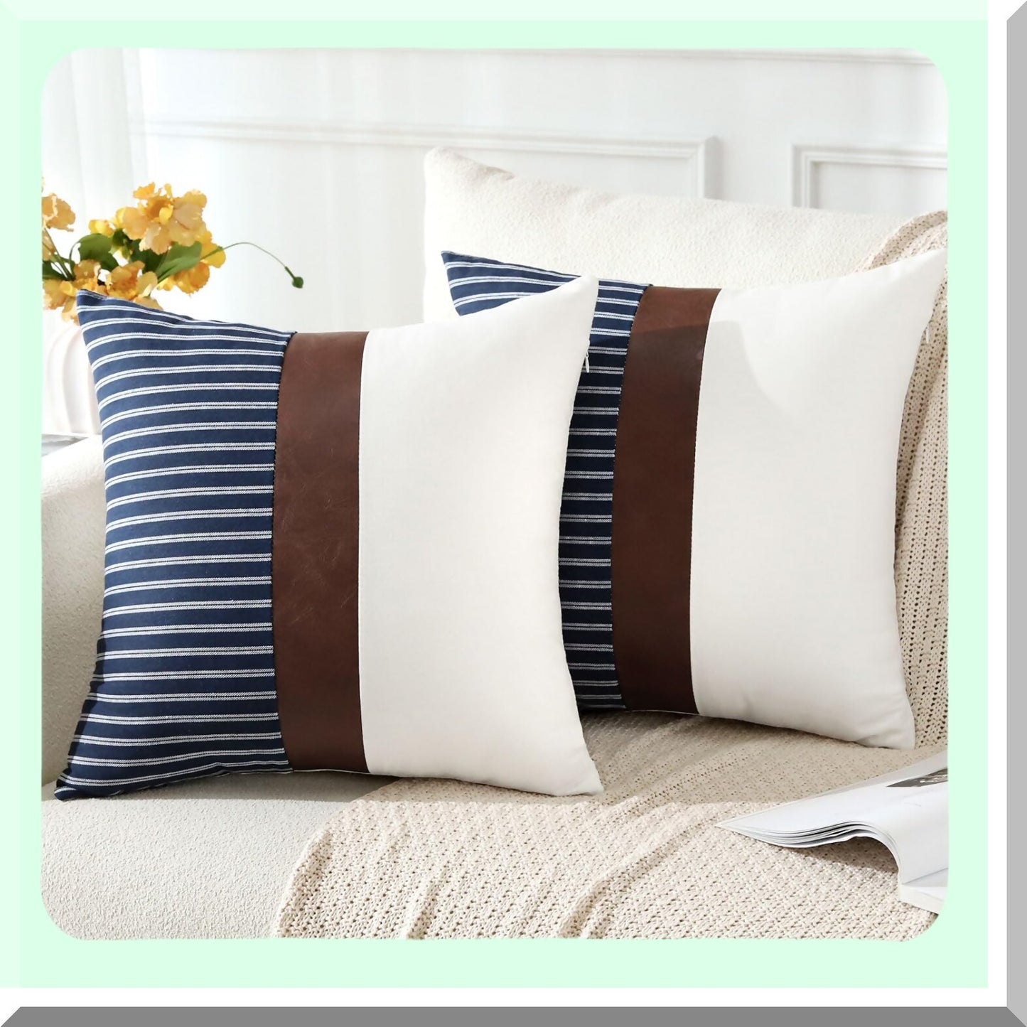 Striped Leather Patchwork Pillow Covers - Set of 2 Farmhouse Decorative Throw Pillow Cases for Couch, Bedroom, Home, Sofa, Car - 16 x 16 Inch White Navy Square Cushion Covers