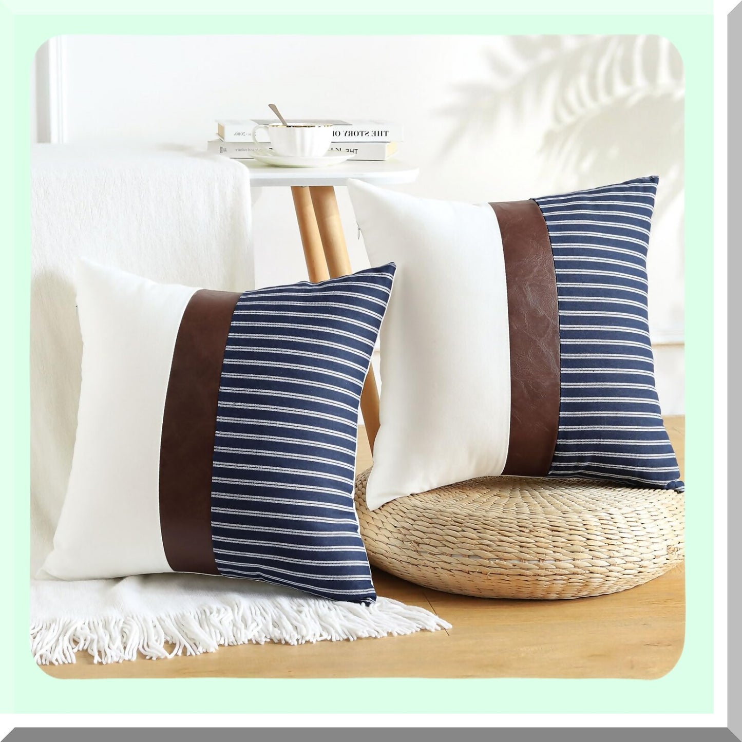 Striped Leather Patchwork Pillow Covers - Set of 2 Farmhouse Decorative Throw Pillow Cases for Couch, Bedroom, Home, Sofa, Car - 16 x 16 Inch White Navy Square Cushion Covers