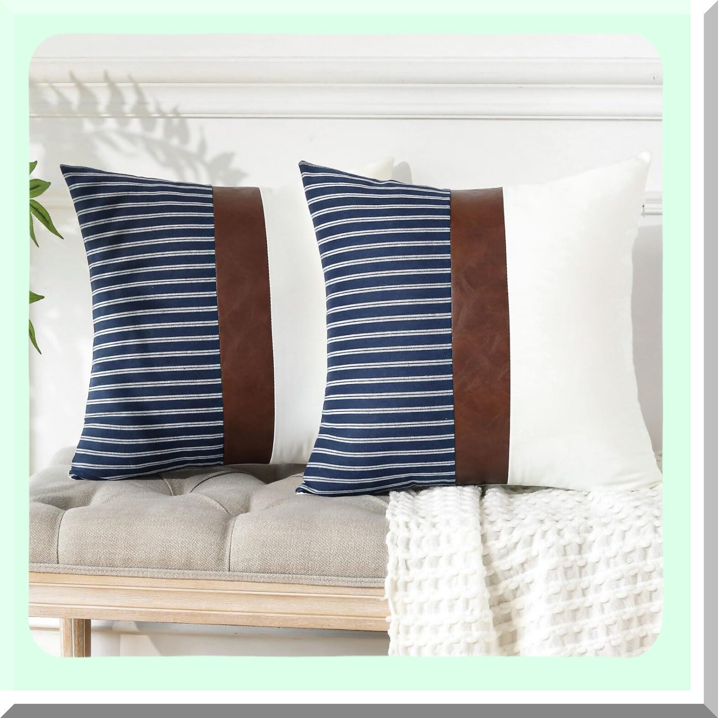 Striped Leather Patchwork Pillow Covers - Set of 2 Farmhouse Decorative Throw Pillow Cases for Couch, Bedroom, Home, Sofa, Car - 16 x 16 Inch White Navy Square Cushion Covers