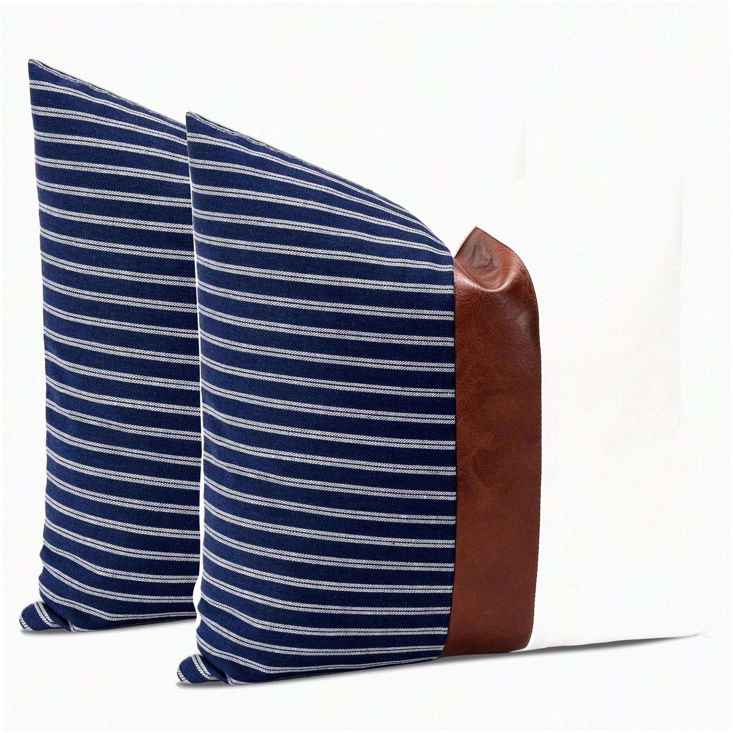 Striped Leather Patchwork Pillow Covers - Set of 2 Farmhouse Decorative Throw Pillow Cases for Couch, Bedroom, Home, Sofa, Car - 16 x 16 Inch White Navy Square Cushion Covers