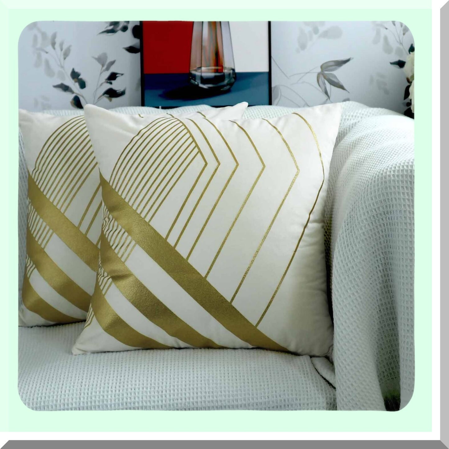 Gold Geometric Velvet Beige Pillow Covers - 2 Pack 18x18 Inches - Soft Square Cushion for Couch Sofa Bed - Decorative Living Room Car Accessory
