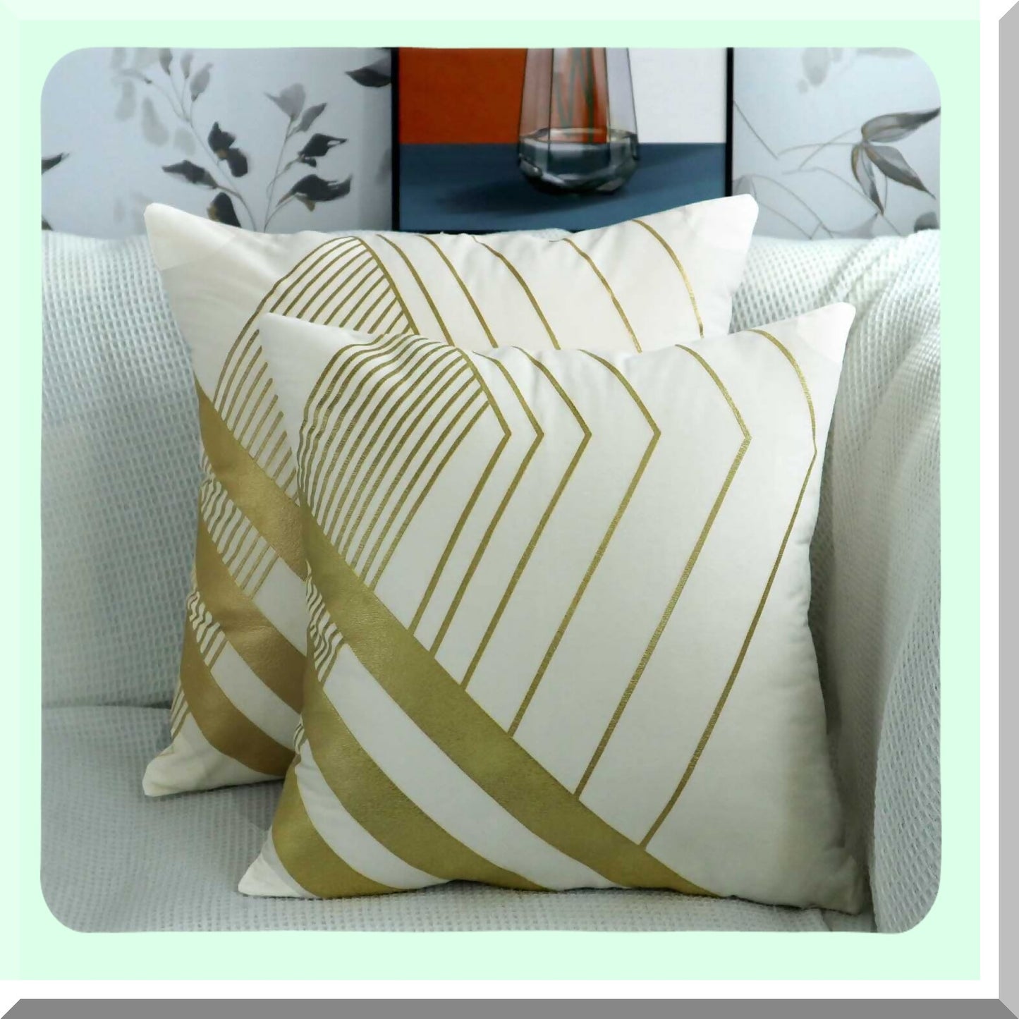 Gold Geometric Velvet Beige Pillow Covers - 2 Pack 18x18 Inches - Soft Square Cushion for Couch Sofa Bed - Decorative Living Room Car Accessory