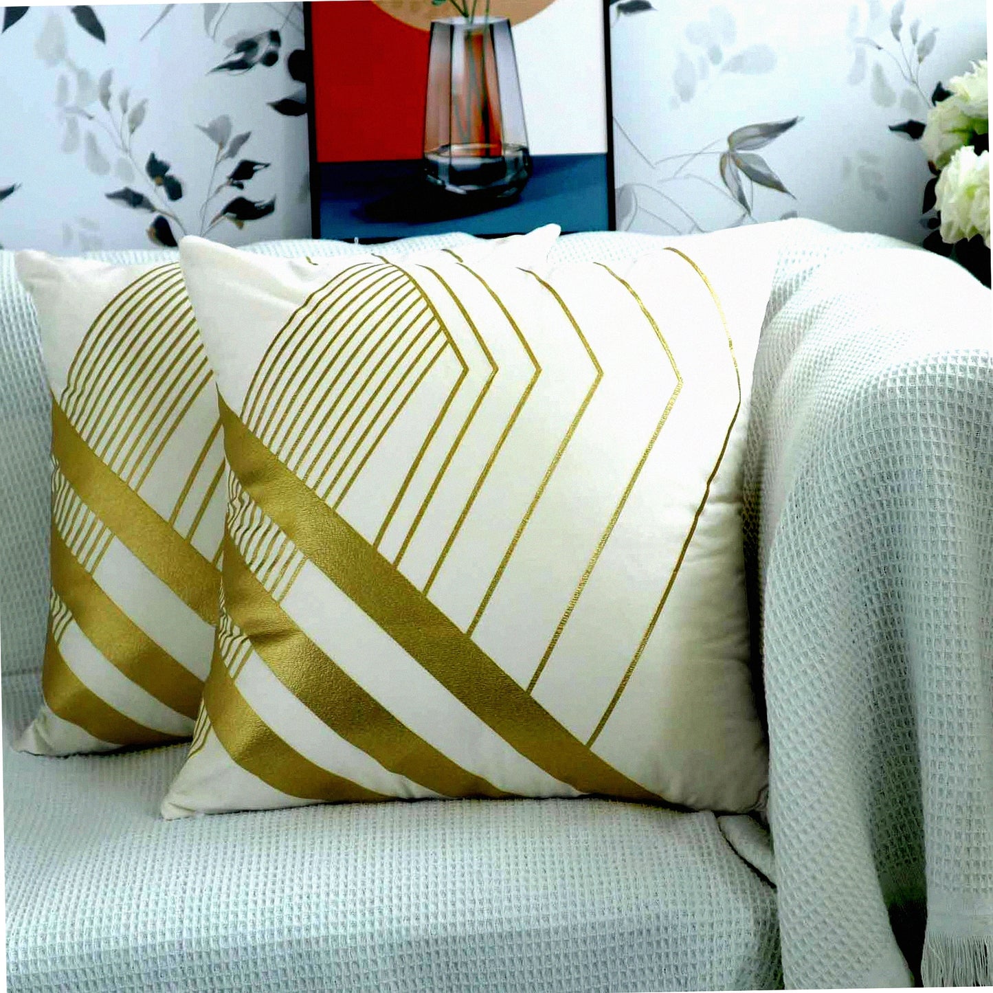 Gold Geometric Velvet Beige Pillow Covers - 2 Pack 18x18 Inches - Soft Square Cushion for Couch Sofa Bed - Decorative Living Room Car Accessory
