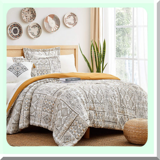 SeasonLux 8-Piece Printed Down Alternative Bedding Set - Shams, Pillows, Sheets - All Season Comfort - Complete Bedroom Ensemble