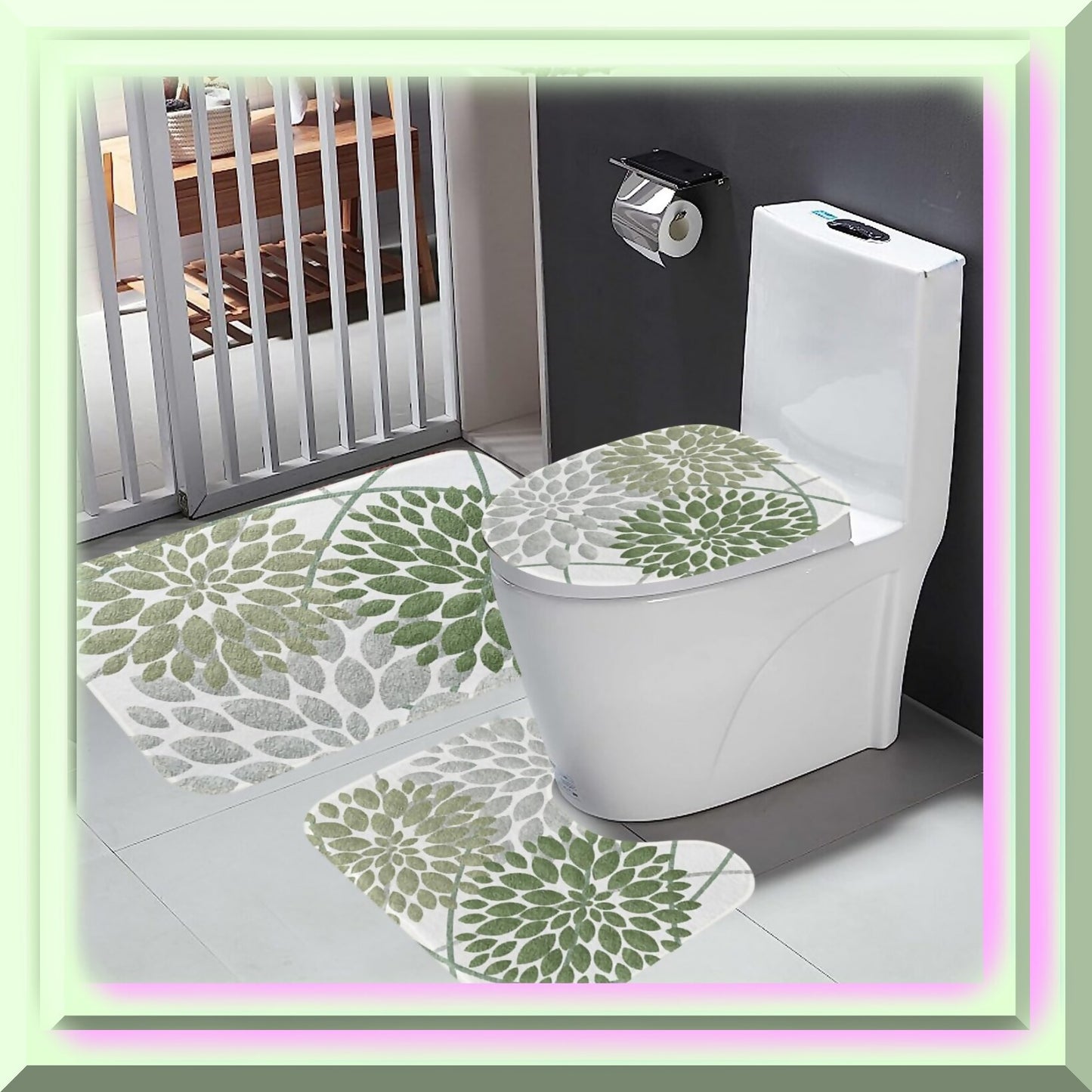 Dahlia Bathroom Rug Set 3 Pieces Sage Green