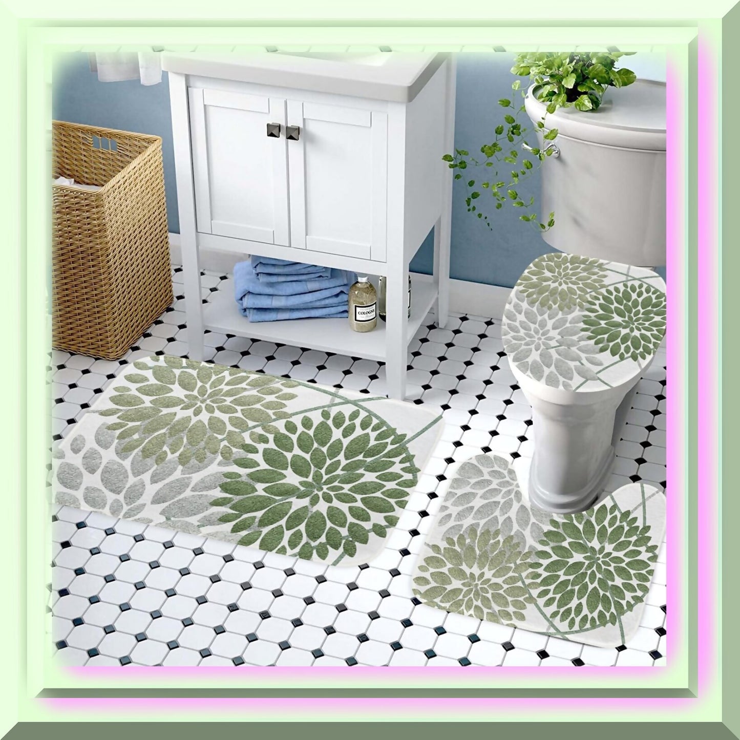 Dahlia Bathroom Rug Set 3 Pieces Sage Green