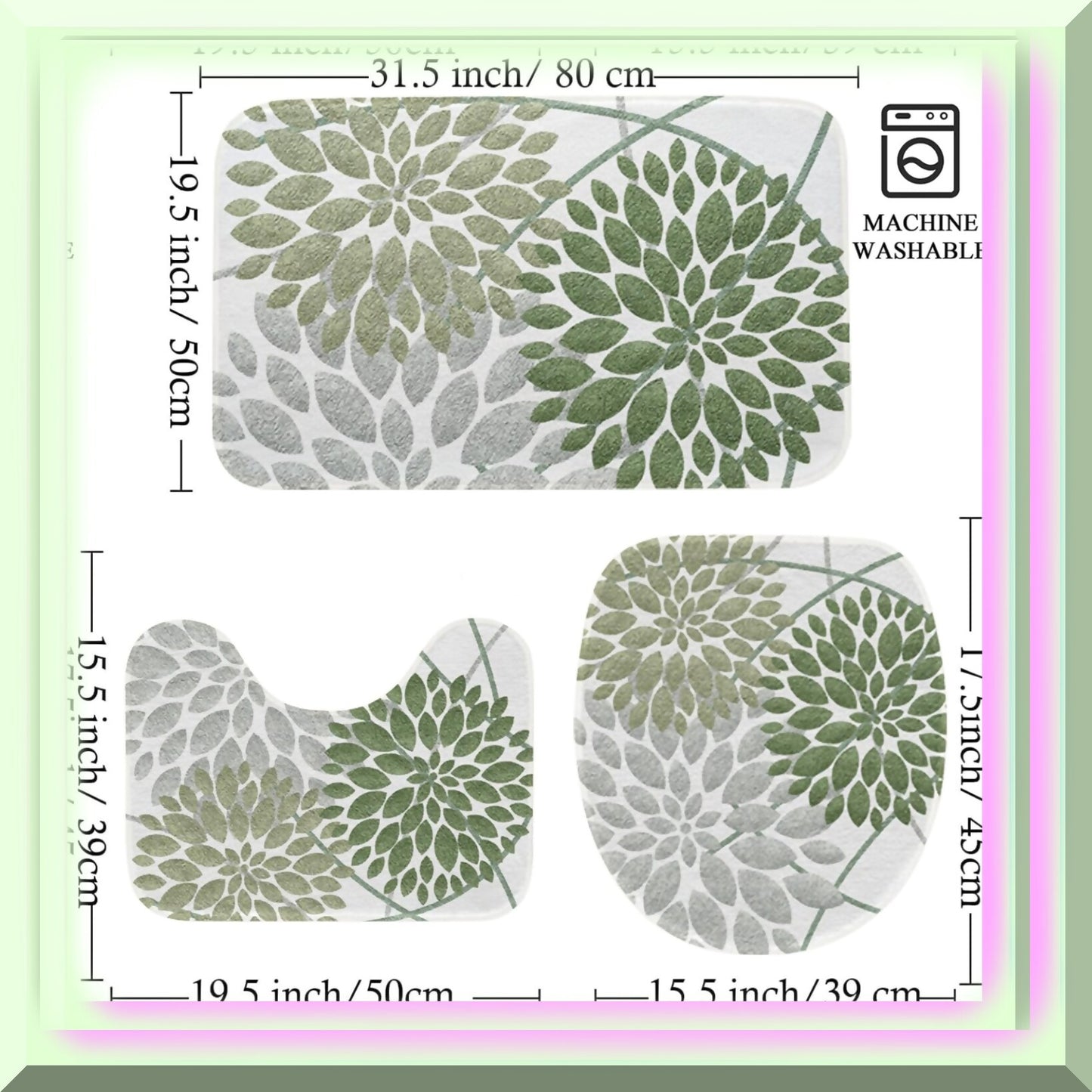 Dahlia Bathroom Rug Set 3 Pieces Sage Green