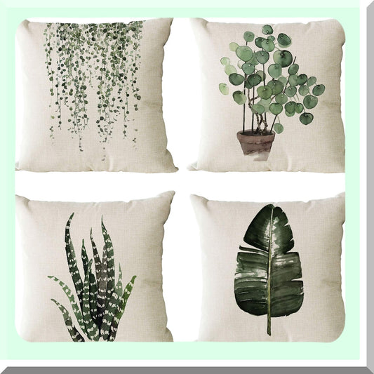 Green Oasis Linen Pillow Covers - Set of 4 Decorative 12x12 Inch Square Cushion Cases for Outdoor Sofa, Couch, Home Bed Decor.