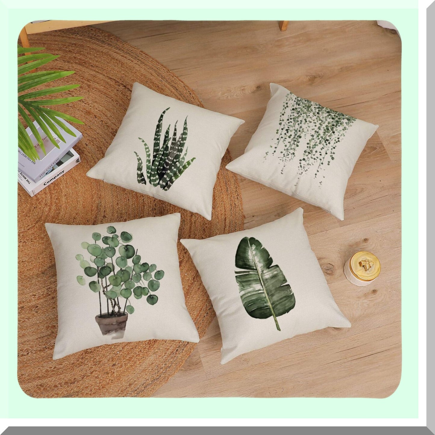 Green Oasis Linen Pillow Covers - Set of 4 Decorative 12x12 Inch Square Cushion Cases for Outdoor Sofa, Couch, Home Bed Decor.