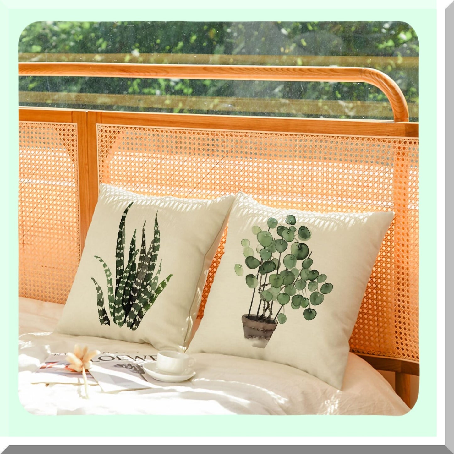 Green Oasis Linen Pillow Covers - Set of 4 Decorative 12x12 Inch Square Cushion Cases for Outdoor Sofa, Couch, Home Bed Decor.