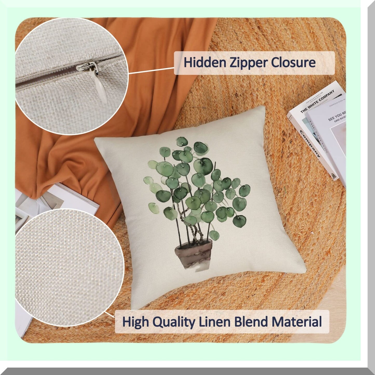 Green Oasis Linen Pillow Covers - Set of 4 Decorative 12x12 Inch Square Cushion Cases for Outdoor Sofa, Couch, Home Bed Decor.
