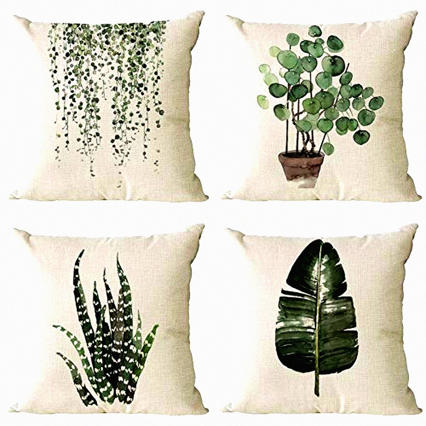 Green Oasis Linen Pillow Covers - Set of 4 Decorative 12x12 Inch Square Cushion Cases for Outdoor Sofa, Couch, Home Bed Decor.