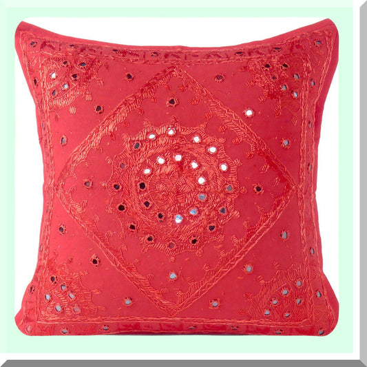 Boho Mirror Embroidered Cushion Cover - Red 16x16 Inch - Bohemian Decorative Throw Pillow Case for Sofa Couch Bedroom Living Room - 40x40 cm