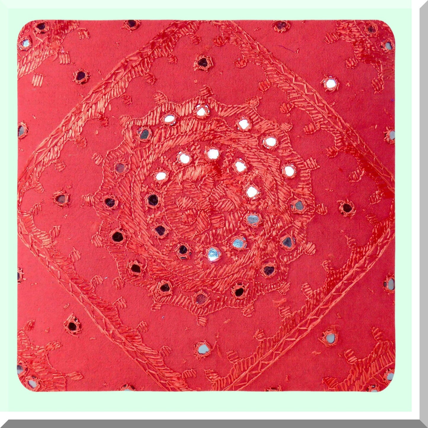 Boho Mirror Embroidered Cushion Cover - Red 16x16 Inch - Bohemian Decorative Throw Pillow Case for Sofa Couch Bedroom Living Room - 40x40 cm