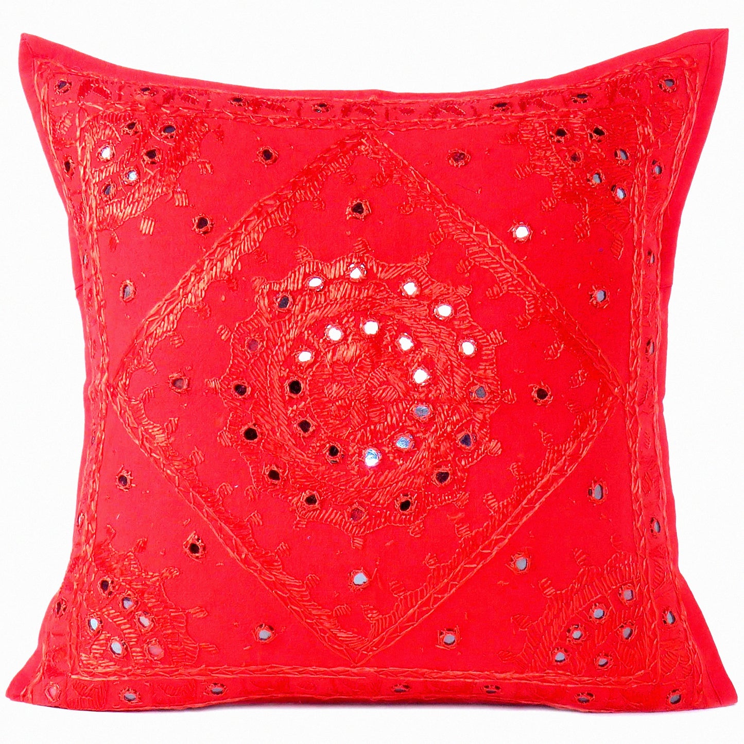 Boho Mirror Embroidered Cushion Cover - Red 16x16 Inch - Bohemian Decorative Throw Pillow Case for Sofa Couch Bedroom Living Room - 40x40 cm