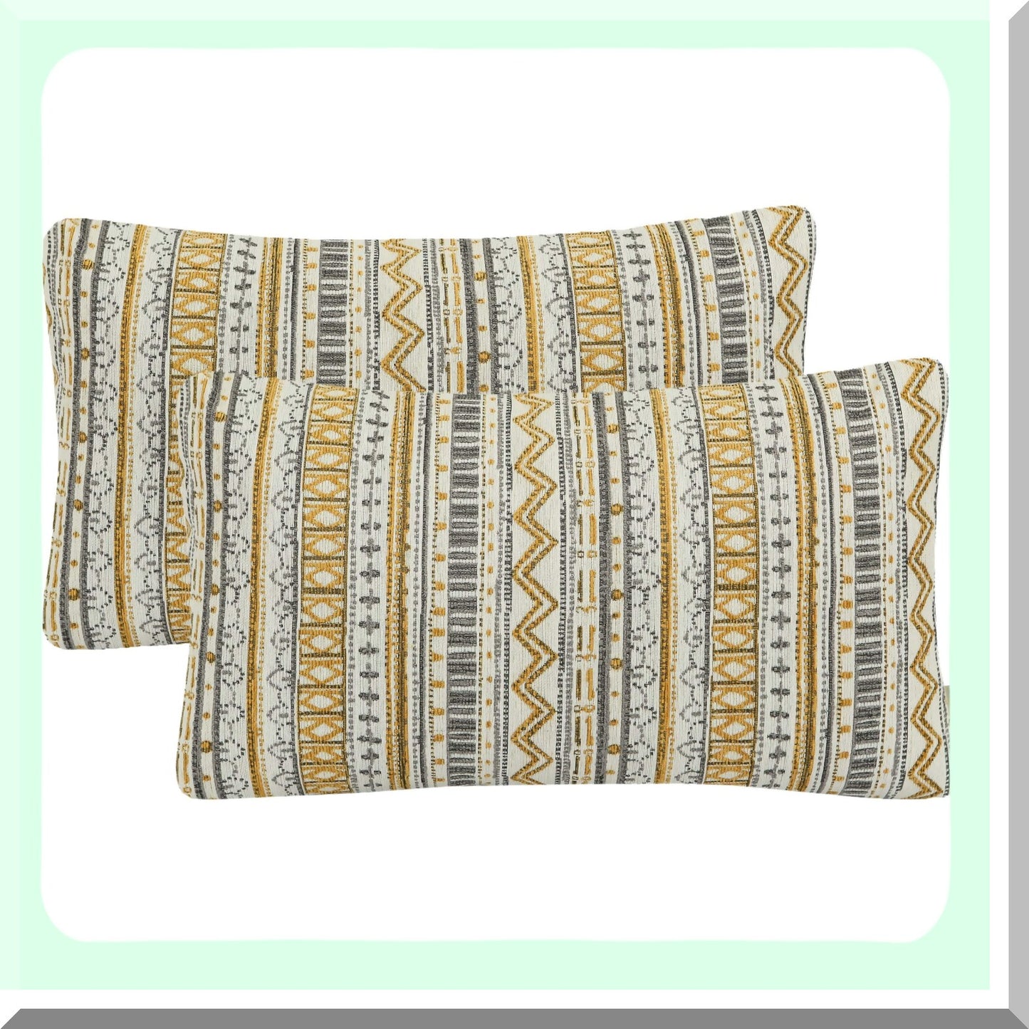 Boho Stripe Geometric Pillow Covers - Set of 2 Decorative Throw Pillow Cases, 12x20 Inches, Gold Grey Cream - Home Decor Accent