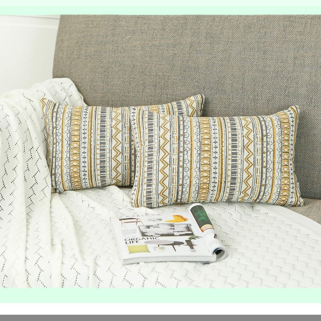 Boho Stripe Geometric Pillow Covers - Set of 2 Decorative Throw Pillow Cases, 12x20 Inches, Gold Grey Cream - Home Decor Accent