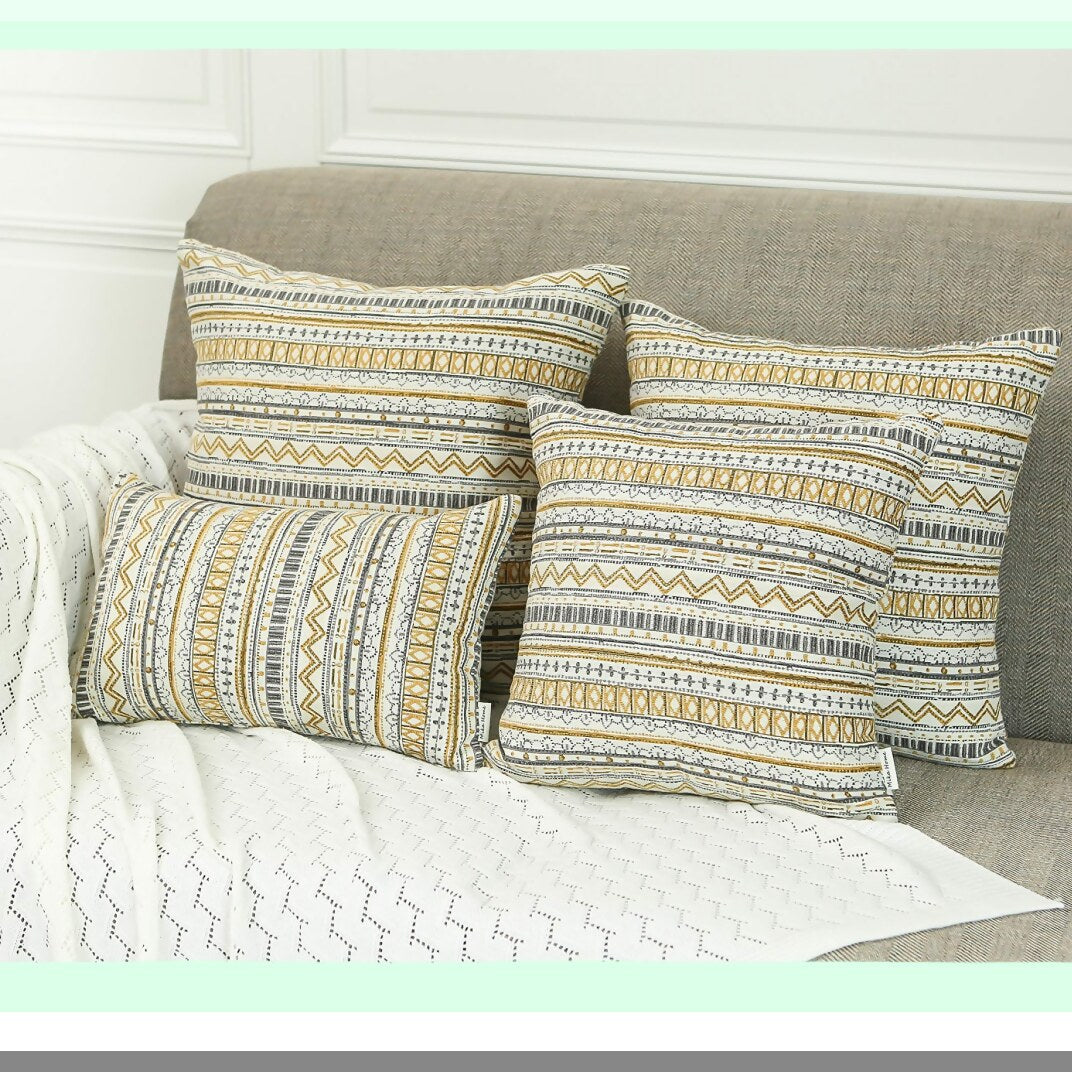Boho Stripe Geometric Pillow Covers - Set of 2 Decorative Throw Pillow Cases, 12x20 Inches, Gold Grey Cream - Home Decor Accent