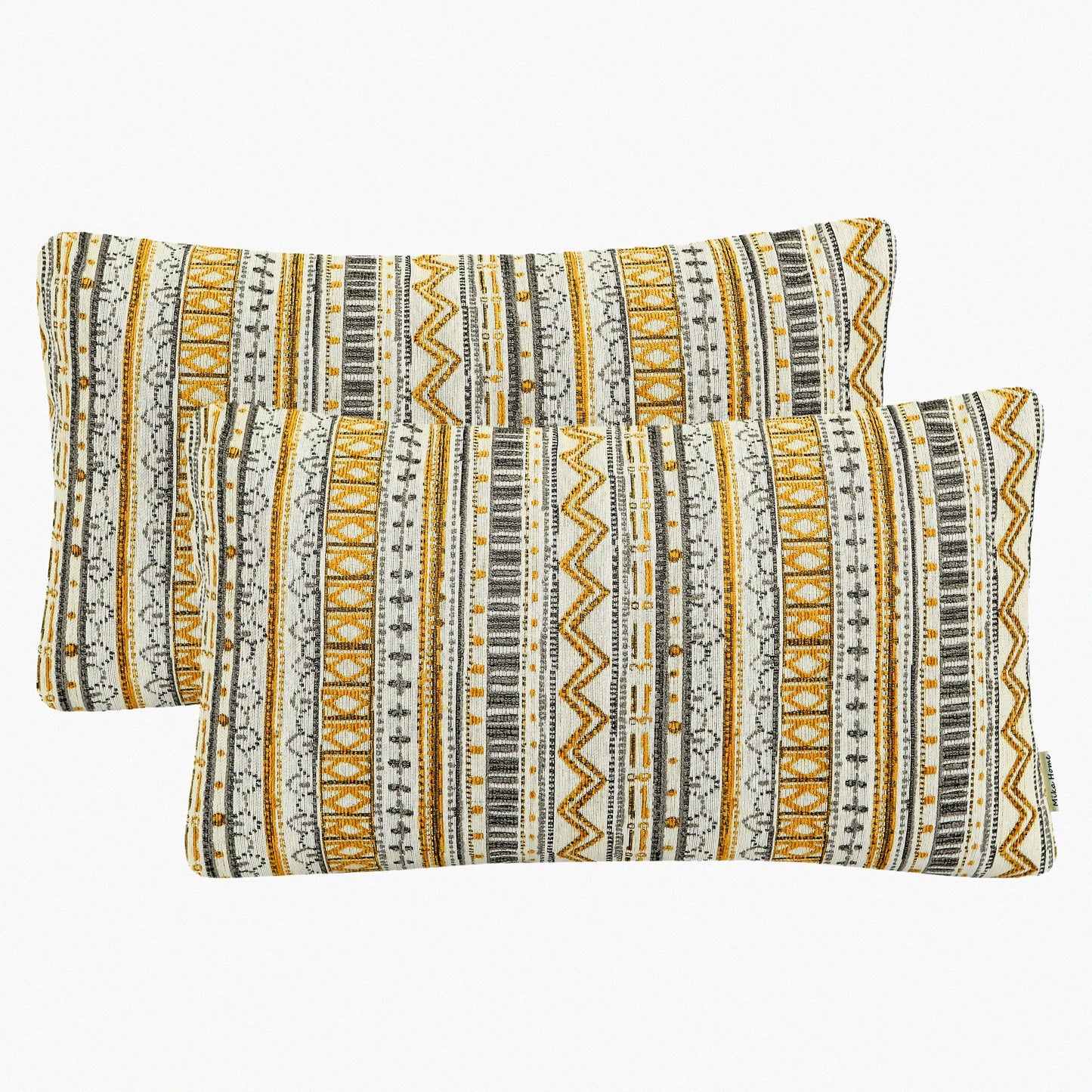 Boho Stripe Geometric Pillow Covers - Set of 2 Decorative Throw Pillow Cases, 12x20 Inches, Gold Grey Cream - Home Decor Accent