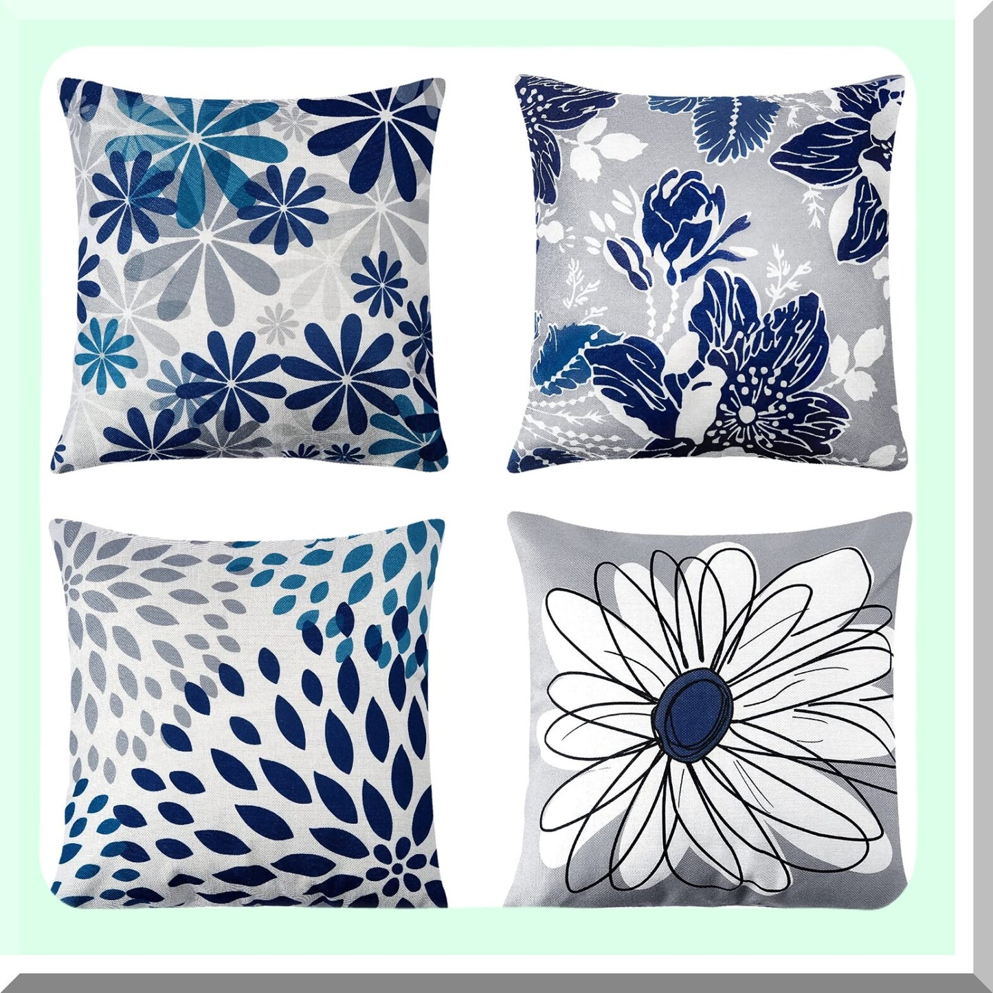 Blue Decorative Pillow Cover Set - 18x18 Sofa Cushion Case - Indoor Outdoor Home Decoration - Pack of 4