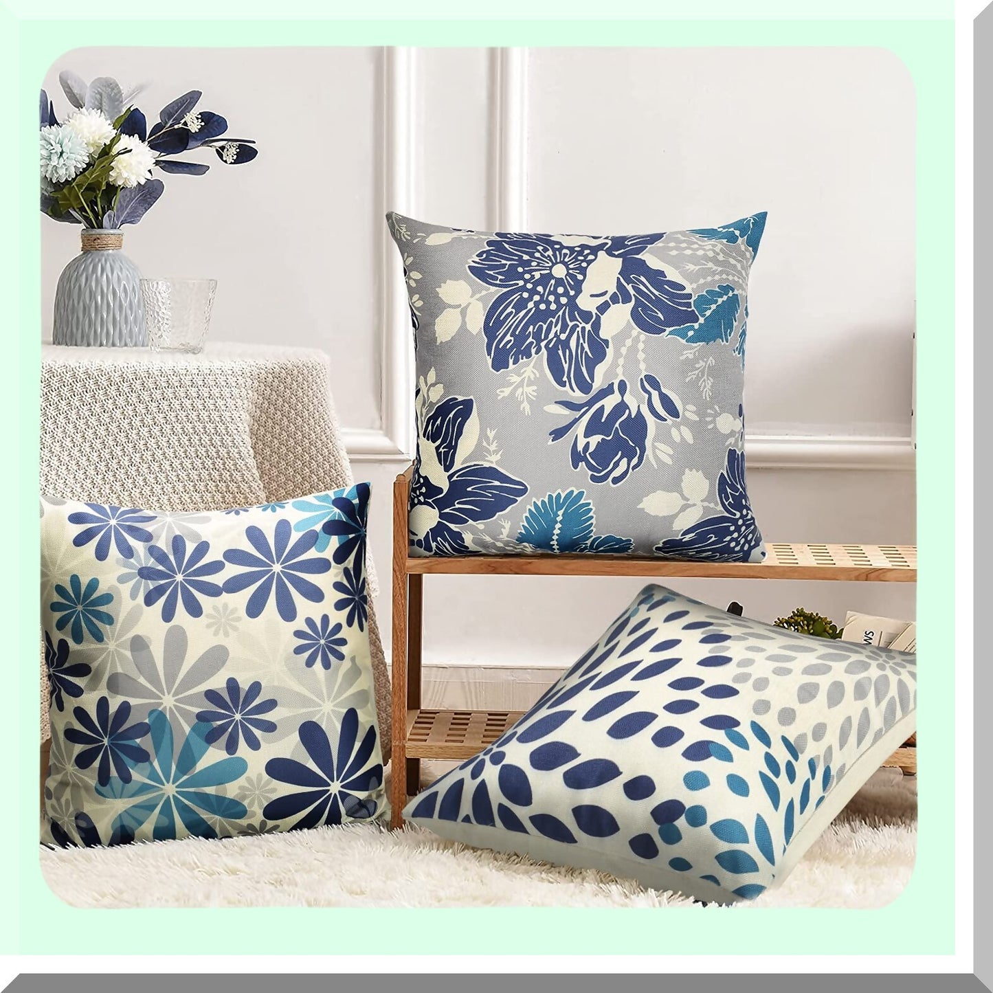 Blue Decorative Pillow Cover Set - 18x18 Sofa Cushion Case - Indoor Outdoor Home Decoration - Pack of 4