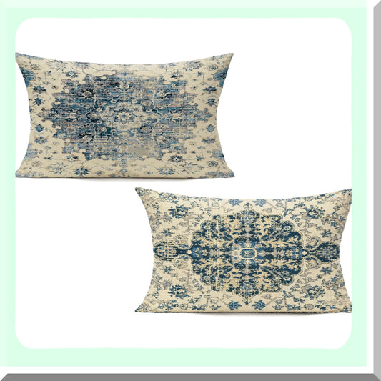 Blue Boho Farmhouse Lumbar Pillow Covers - Set of 2 | Vintage Gray Throw Pillow Cases for Outdoor Spring Decor | Bohemian Carpet Design for Living Room & Couch