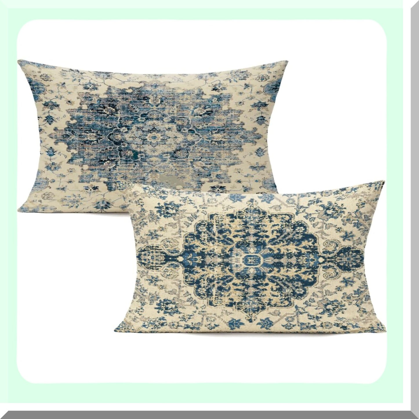 Blue Boho Farmhouse Lumbar Pillow Covers - Set of 2 | Vintage Gray Throw Pillow Cases for Outdoor Spring Decor | Bohemian Carpet Design for Living Room & Couch