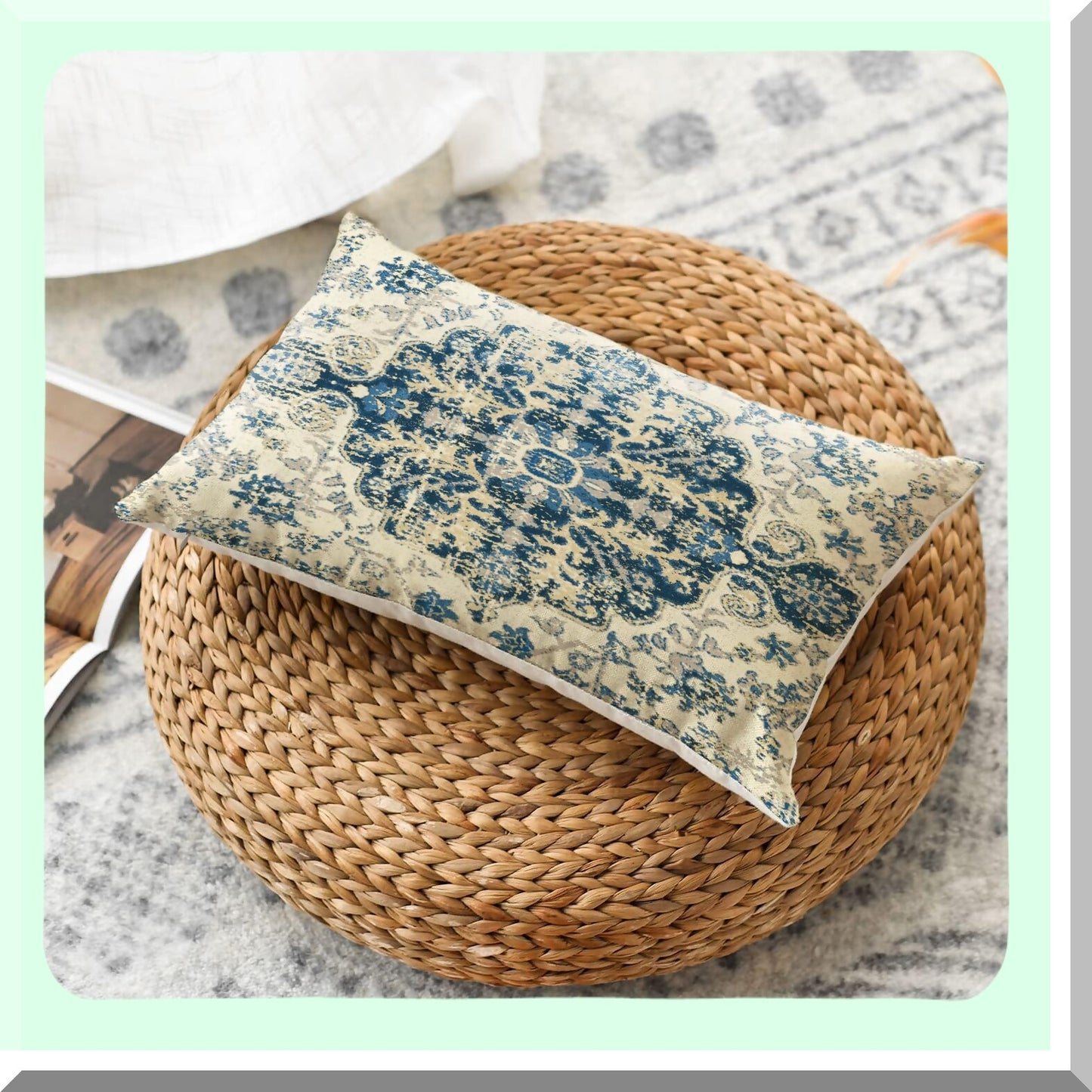 Blue Boho Farmhouse Lumbar Pillow Covers - Set of 2 | Vintage Gray Throw Pillow Cases for Outdoor Spring Decor | Bohemian Carpet Design for Living Room & Couch
