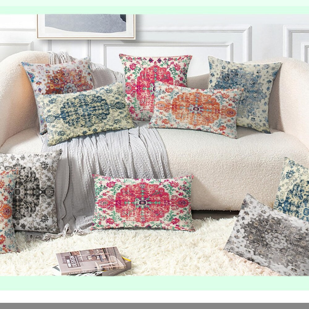 Blue Boho Farmhouse Lumbar Pillow Covers - Set of 2 | Vintage Gray Throw Pillow Cases for Outdoor Spring Decor | Bohemian Carpet Design for Living Room & Couch