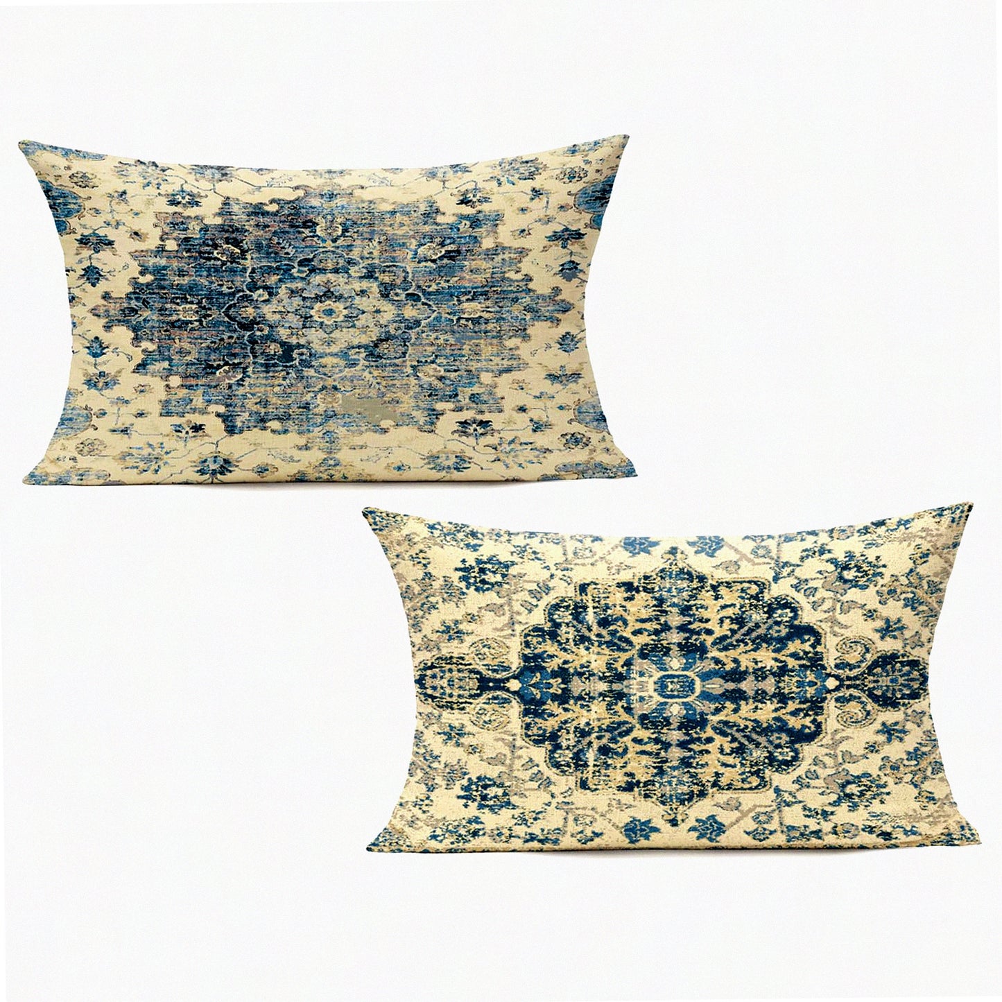 Blue Boho Farmhouse Lumbar Pillow Covers - Set of 2 | Vintage Gray Throw Pillow Cases for Outdoor Spring Decor | Bohemian Carpet Design for Living Room & Couch