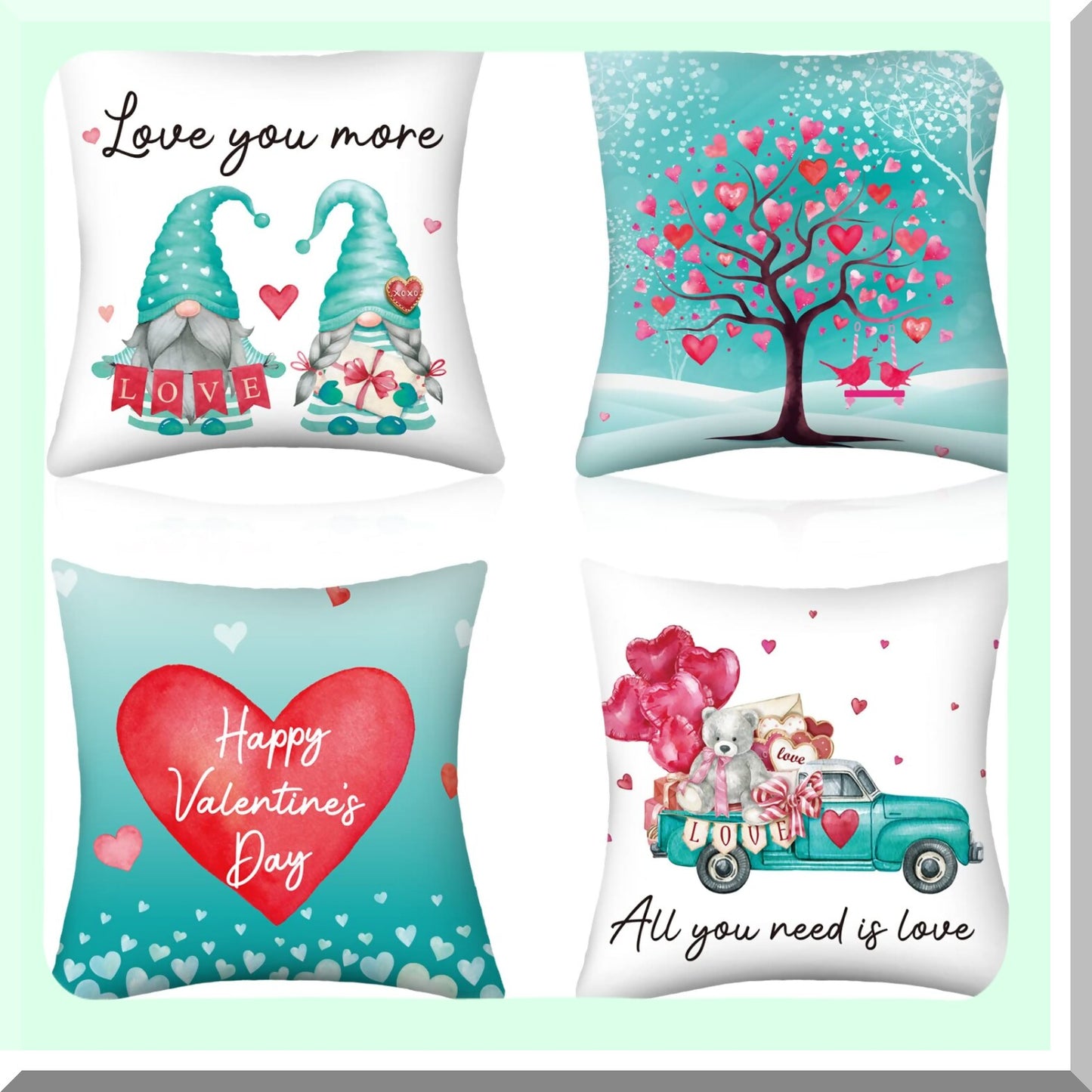 Turquoise Velvet Heart Gnome Pillow Covers - Set of 4 Teal Day Throw Pillow Cases for Anniversary Wedding Decor - 18 x 18 Inch Velvet Covers for Bed Sofa Couch