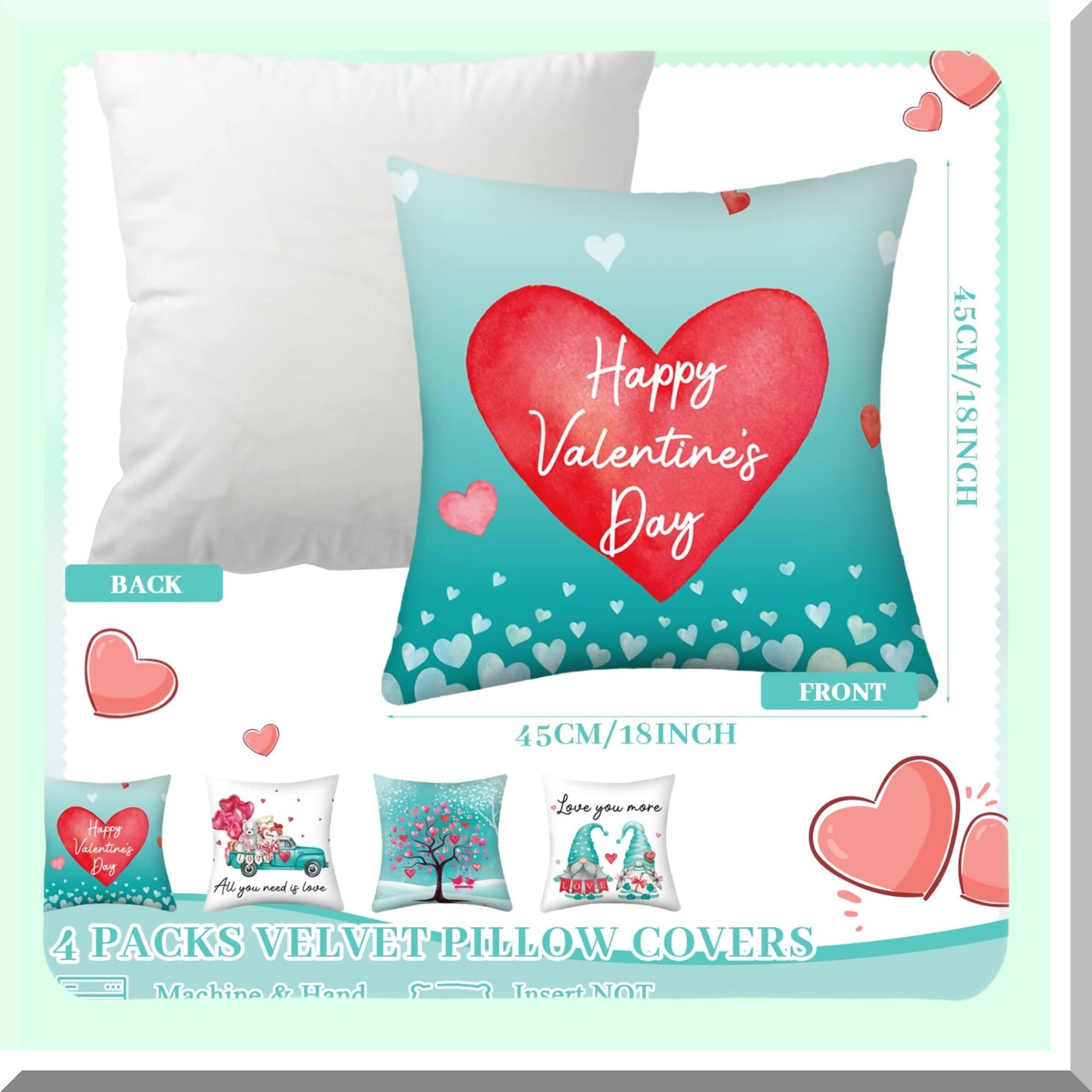 Turquoise Velvet Heart Gnome Pillow Covers - Set of 4 Teal Day Throw Pillow Cases for Anniversary Wedding Decor - 18 x 18 Inch Velvet Covers for Bed Sofa Couch