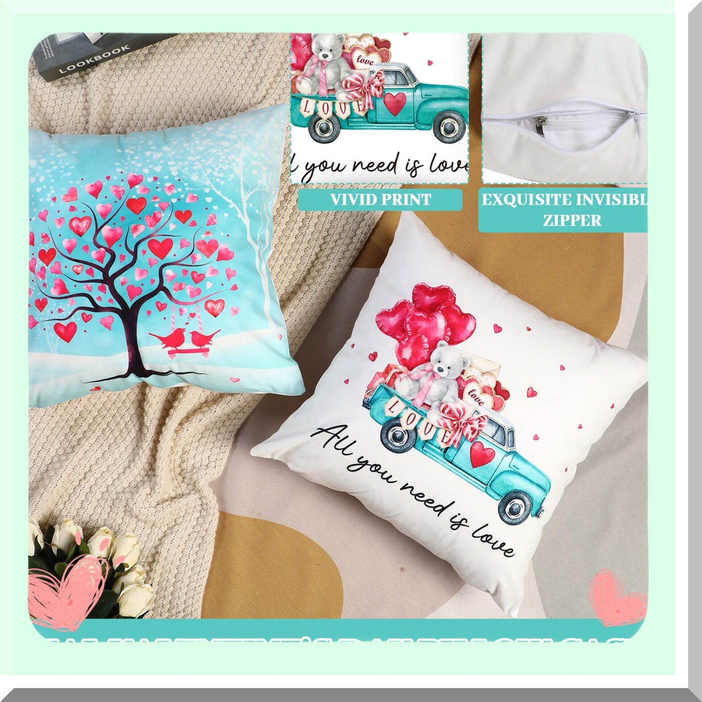 Turquoise Velvet Heart Gnome Pillow Covers - Set of 4 Teal Day Throw Pillow Cases for Anniversary Wedding Decor - 18 x 18 Inch Velvet Covers for Bed Sofa Couch