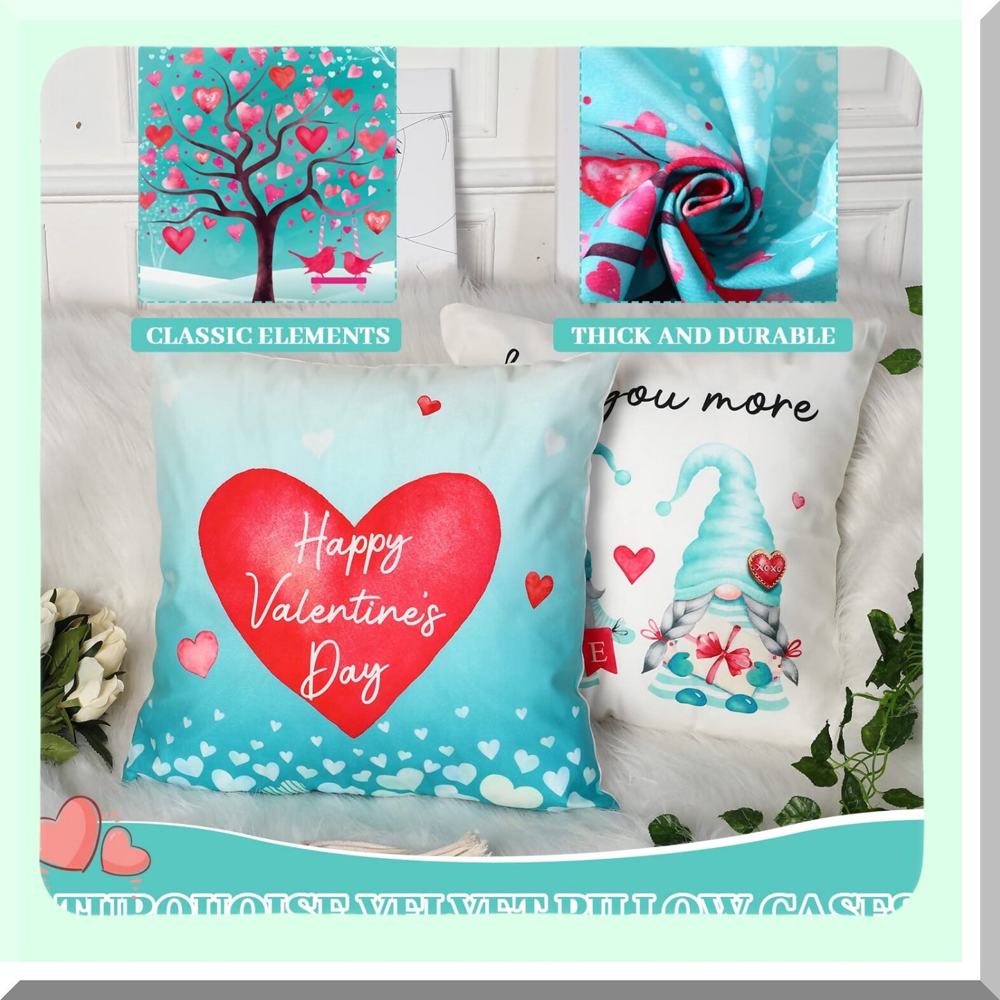 Turquoise Velvet Heart Gnome Pillow Covers - Set of 4 Teal Day Throw Pillow Cases for Anniversary Wedding Decor - 18 x 18 Inch Velvet Covers for Bed Sofa Couch