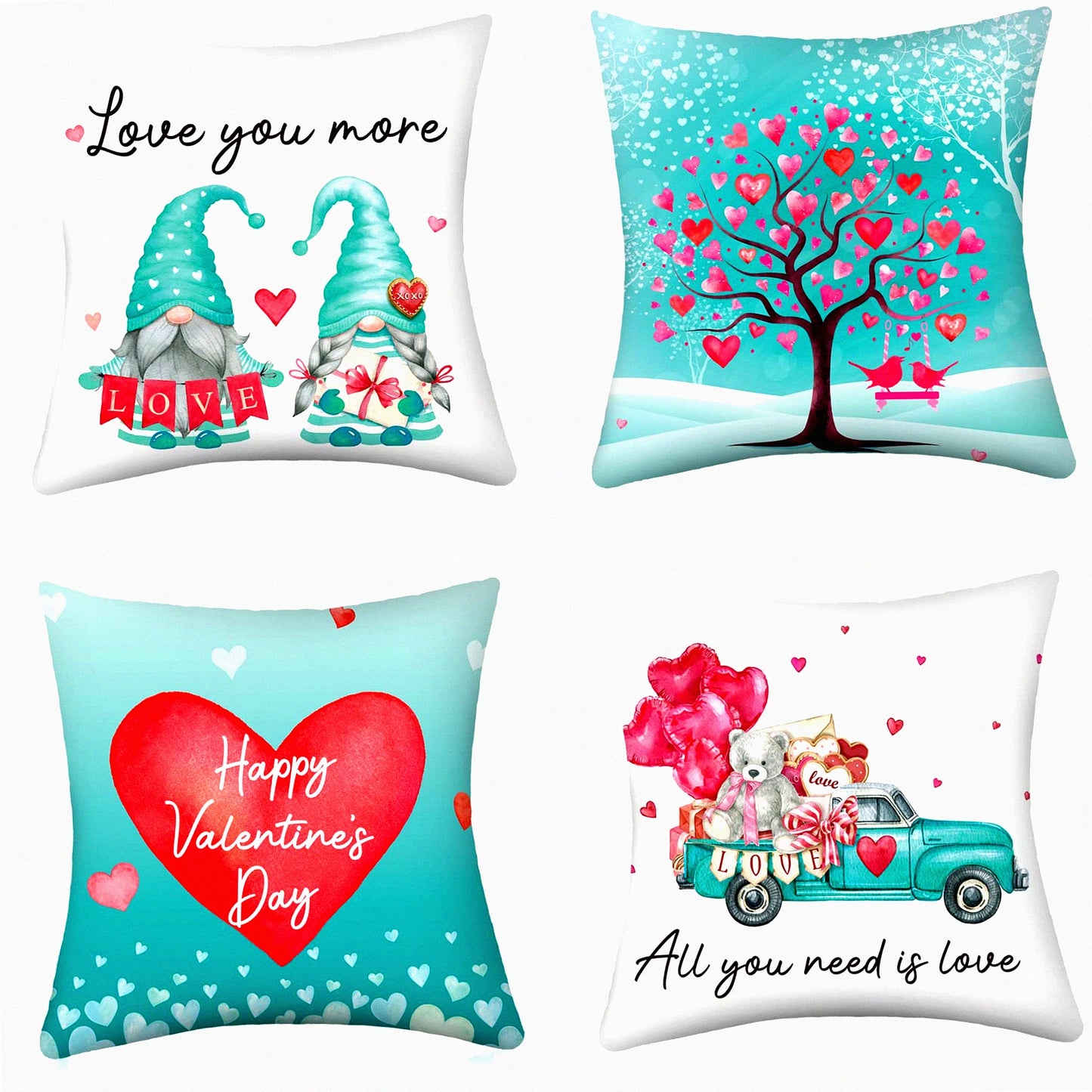 Turquoise Velvet Heart Gnome Pillow Covers - Set of 4 Teal Day Throw Pillow Cases for Anniversary Wedding Decor - 18 x 18 Inch Velvet Covers for Bed Sofa Couch