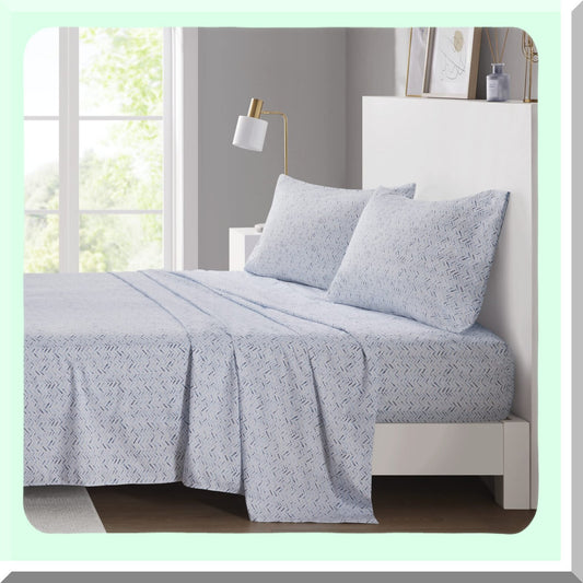 Blue Chevron Microfiber Bedding Set - Soft & Breathable Sheets with Elastic Deep Pocket, Lightweight All Season Cozy Decor for Modern Bedroom. Includes Matching Pillowcase. Queen Size, 4 Piece