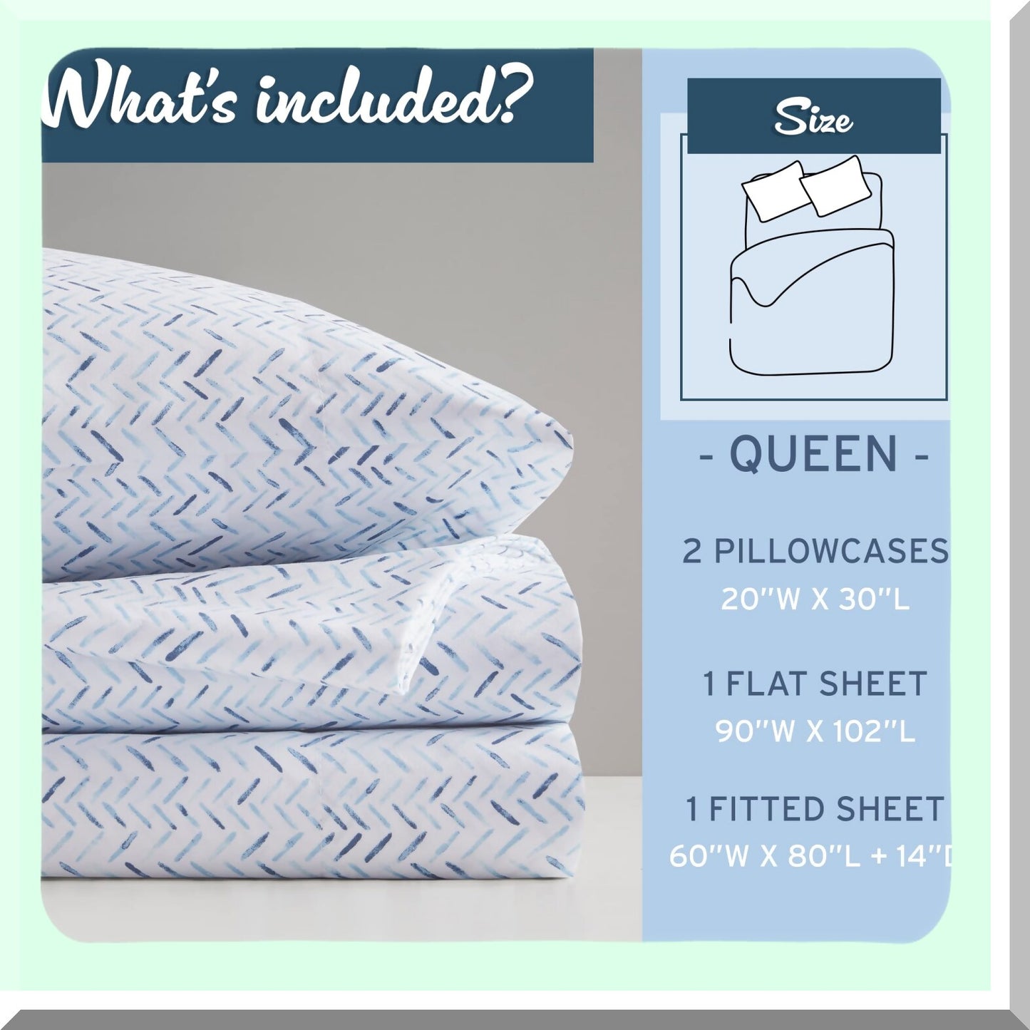 Blue Chevron Microfiber Bedding Set - Soft & Breathable Sheets with Elastic Deep Pocket, Lightweight All Season Cozy Decor for Modern Bedroom. Includes Matching Pillowcase. Queen Size, 4 Piece