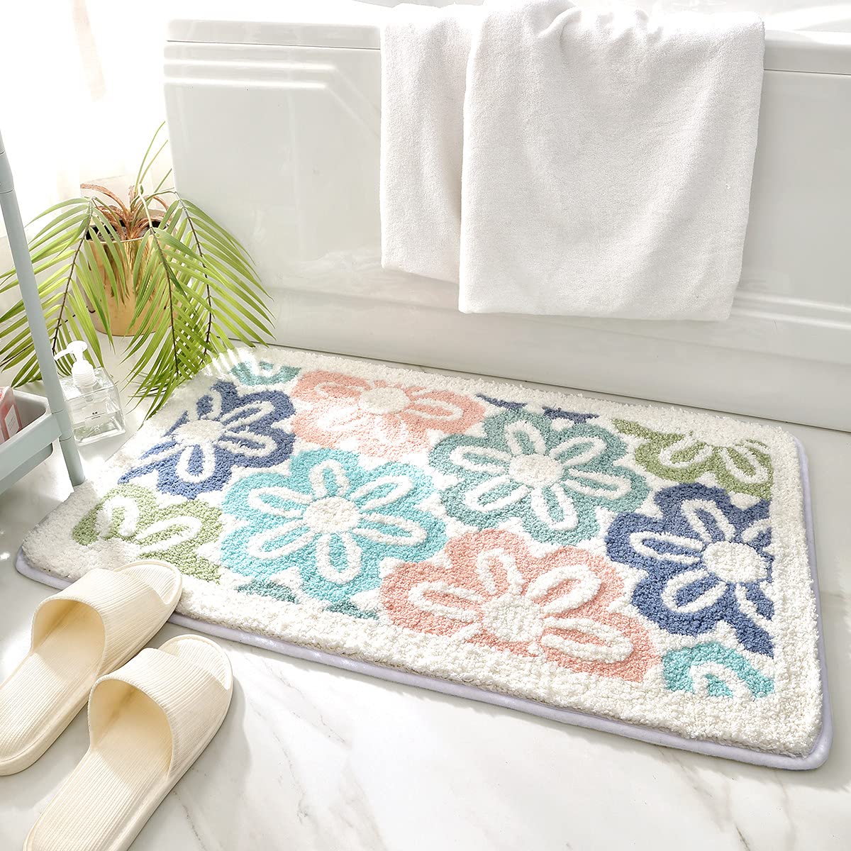 Pink Flowers Bath Carpet 31"x20" Non Slip Microfiber