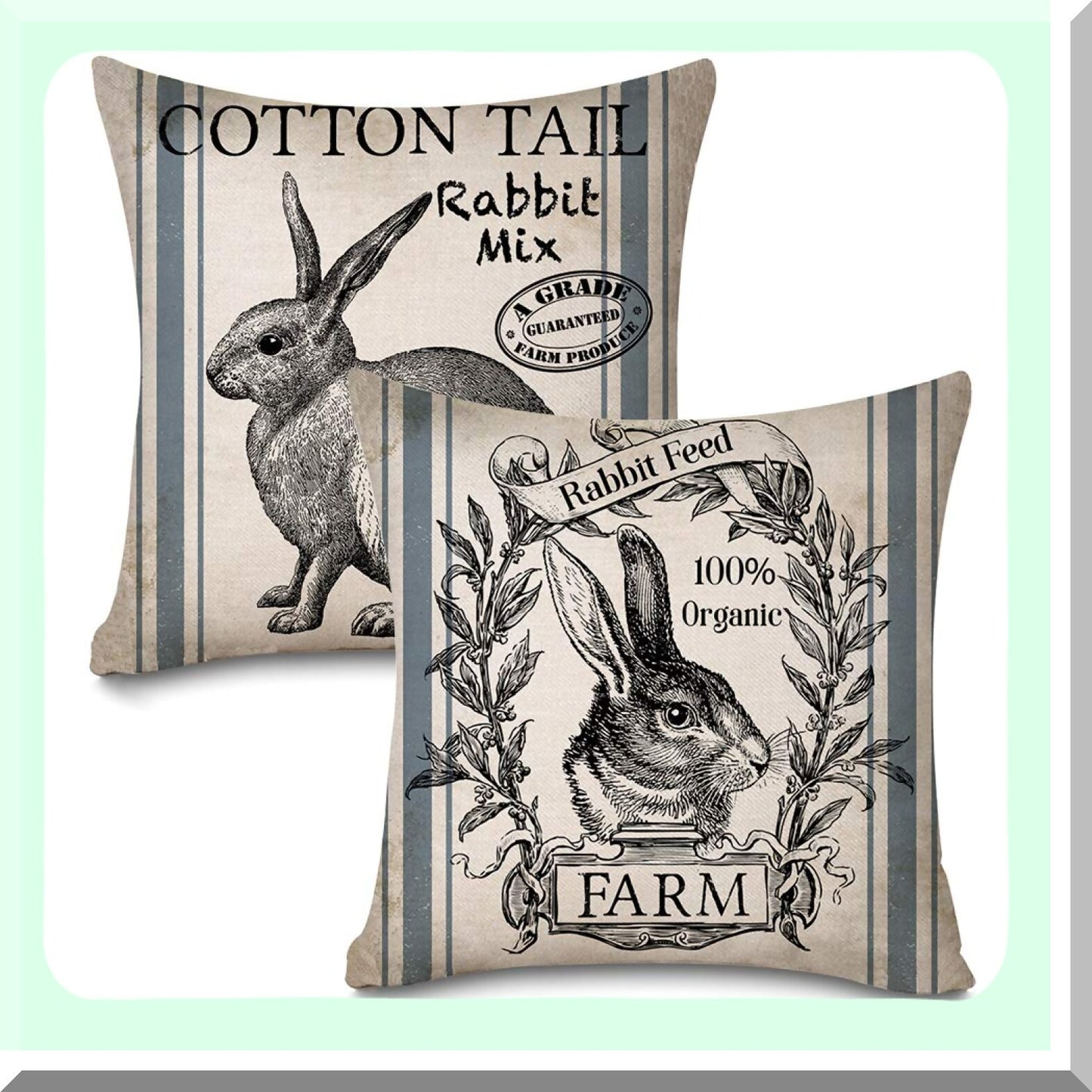 Retro Farmhouse Bunny Pillow Covers - Vintage Rabbit Feed Home Decor Cushion Case Set of 2 - 18" X 18" Throw Pillow Covers