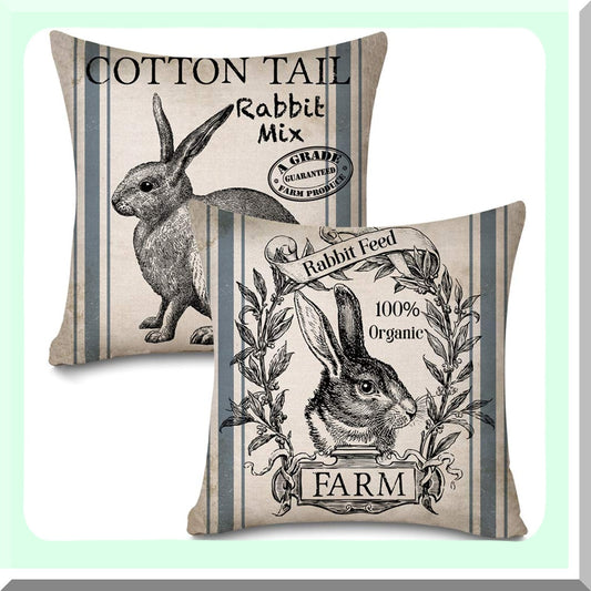 Retro Farmhouse Bunny Pillow Covers - Vintage Rabbit Feed Home Decor Cushion Case Set of 2 - 18" X 18" Throw Pillow Covers