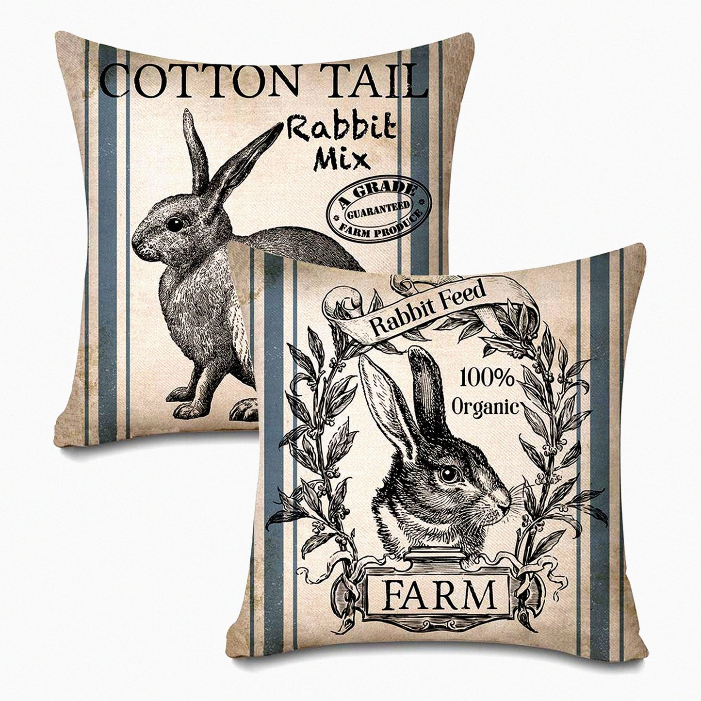 Retro Farmhouse Bunny Pillow Covers - Vintage Rabbit Feed Home Decor Cushion Case Set of 2 - 18" X 18" Throw Pillow Covers