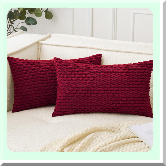 Corduroy Farmhouse Boho Pillow Covers - Set of 2 Decorative Cushion Covers for Couch, Bed, Sofa - Burgundy 12x20 Inch - Soft Home Decor for Living Room