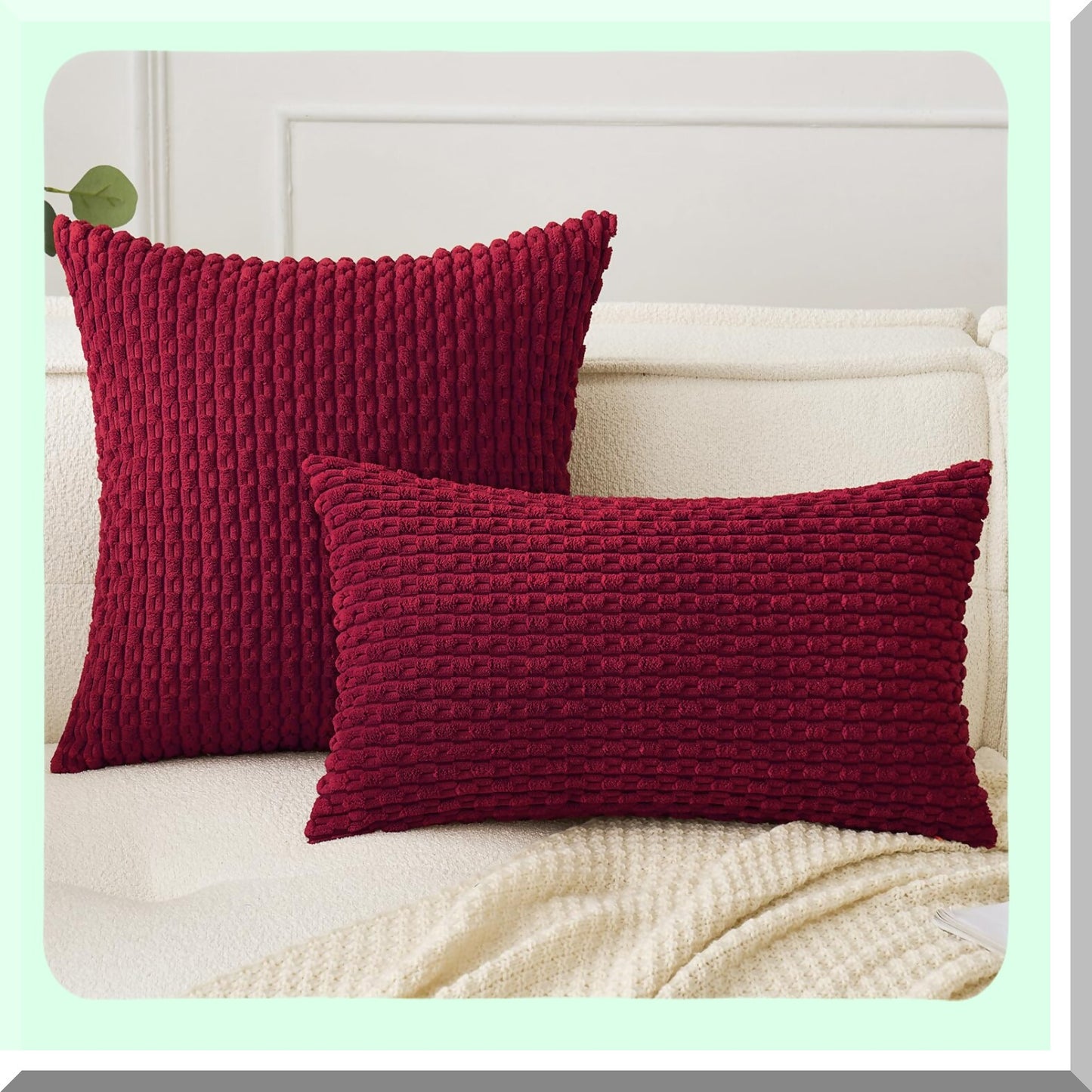 Corduroy Farmhouse Boho Pillow Covers - Set of 2 Decorative Cushion Covers for Couch, Bed, Sofa - Burgundy 12x20 Inch - Soft Home Decor for Living Room