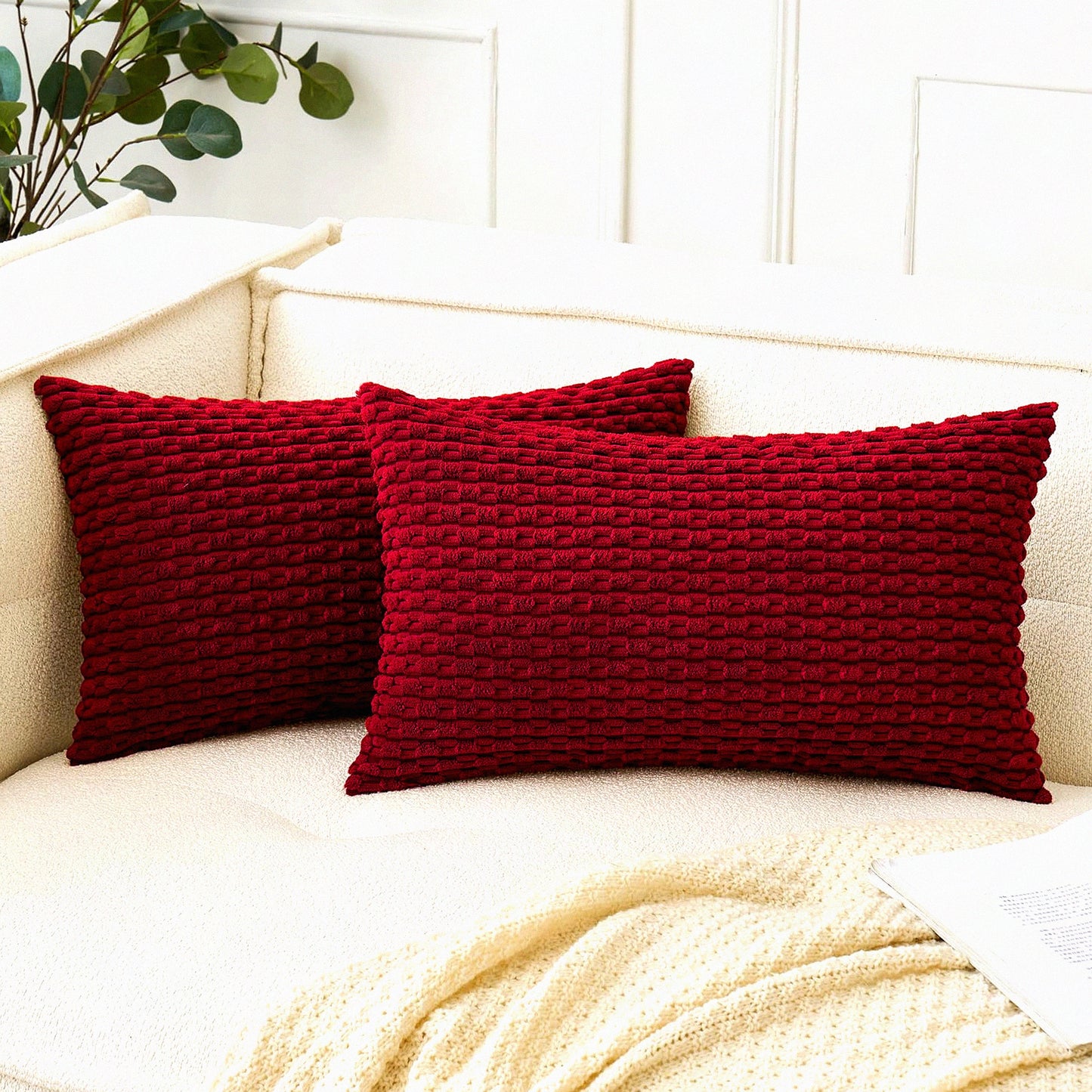 Corduroy Farmhouse Boho Pillow Covers - Set of 2 Decorative Cushion Covers for Couch, Bed, Sofa - Burgundy 12x20 Inch - Soft Home Decor for Living Room