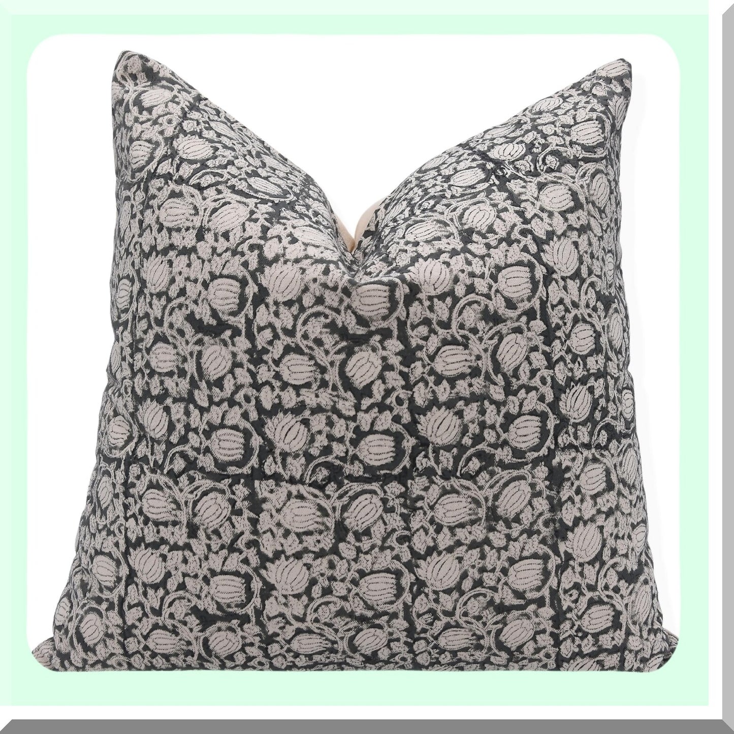 Boho Farmhouse Floral Cushion Covers - Grey 18x18 Outdoor Throw Pillowcase - Block Print Sofa Decor - Square Home Decorative Aath Kamal