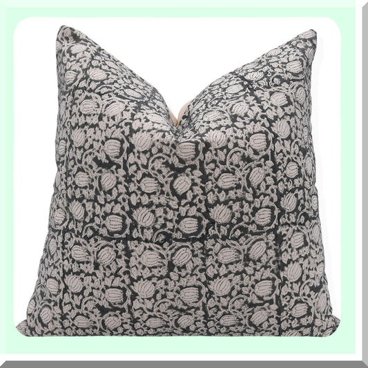 Boho Farmhouse Floral Cushion Covers - Grey 18x18 Outdoor Throw Pillowcase - Block Print Sofa Decor - Square Home Decorative Aath Kamal
