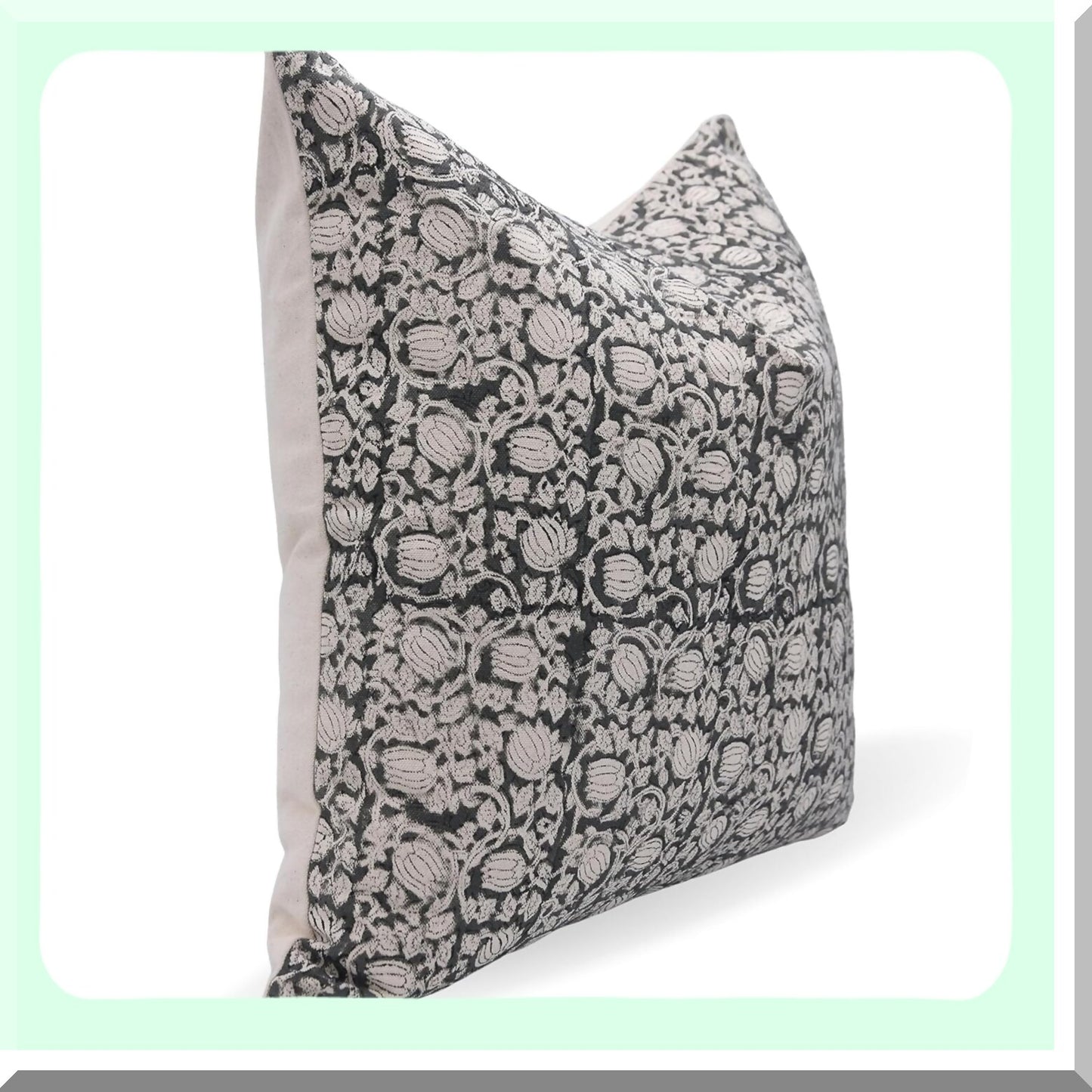 Boho Farmhouse Floral Cushion Covers - Grey 18x18 Outdoor Throw Pillowcase - Block Print Sofa Decor - Square Home Decorative Aath Kamal
